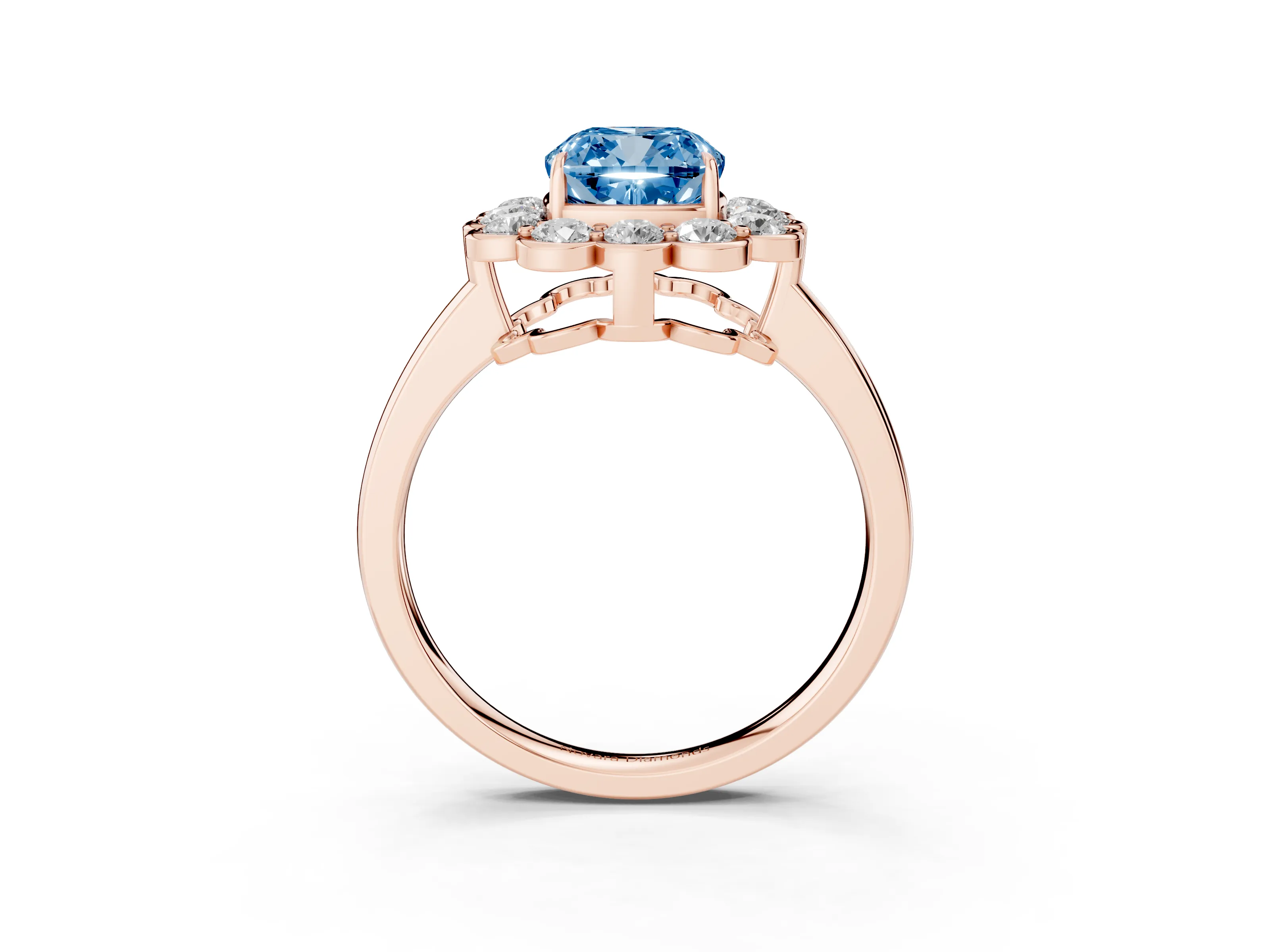 Fancy Blue Cushion Cut Diamond Halo Cluster Engagement Ring Set in Rose gold with Solitaire Band and Prong Setting