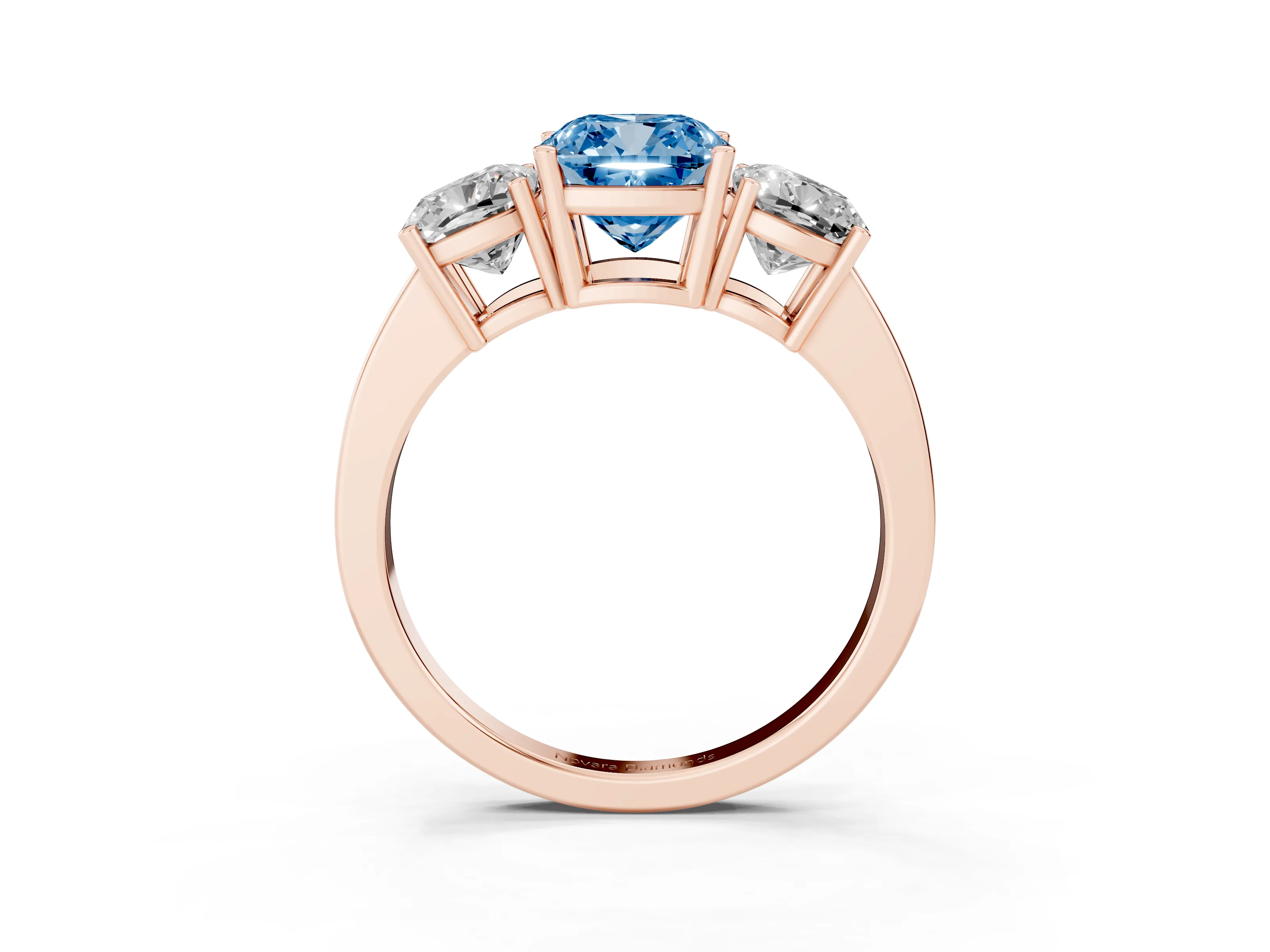 Fancy Blue Cushion Cut Diamond Three-Stone Engagement Ring Set in Rose gold with Flat Band
