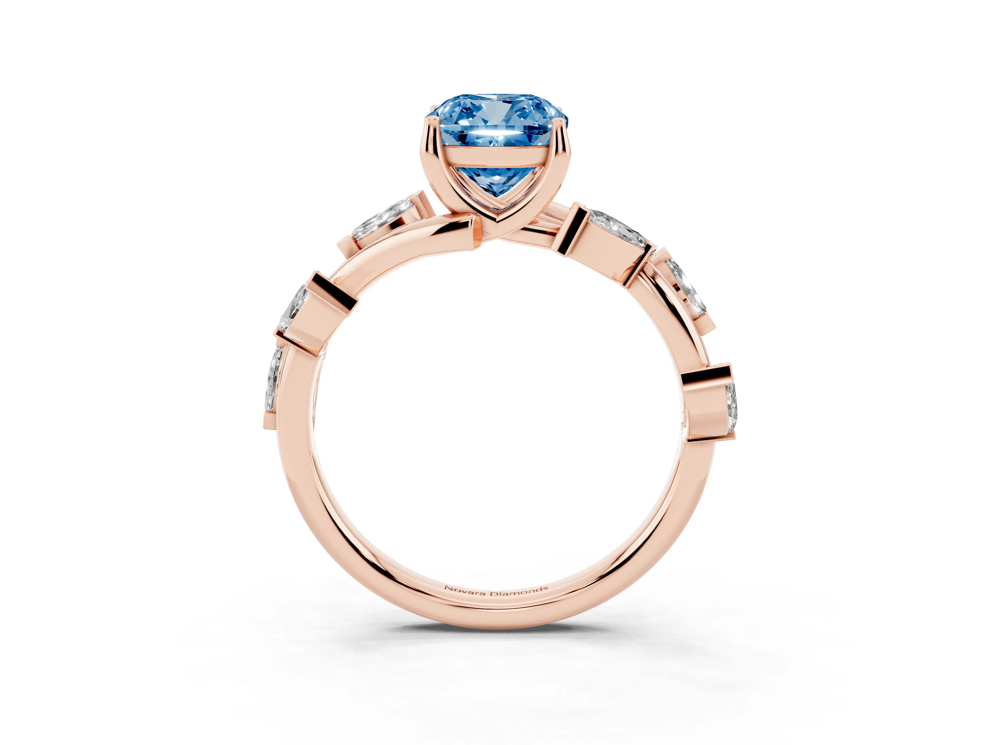 Fancy Blue Cushion Cut Diamond Solitaire Ring Set in Rose gold with Twisted Marquise Accent Band