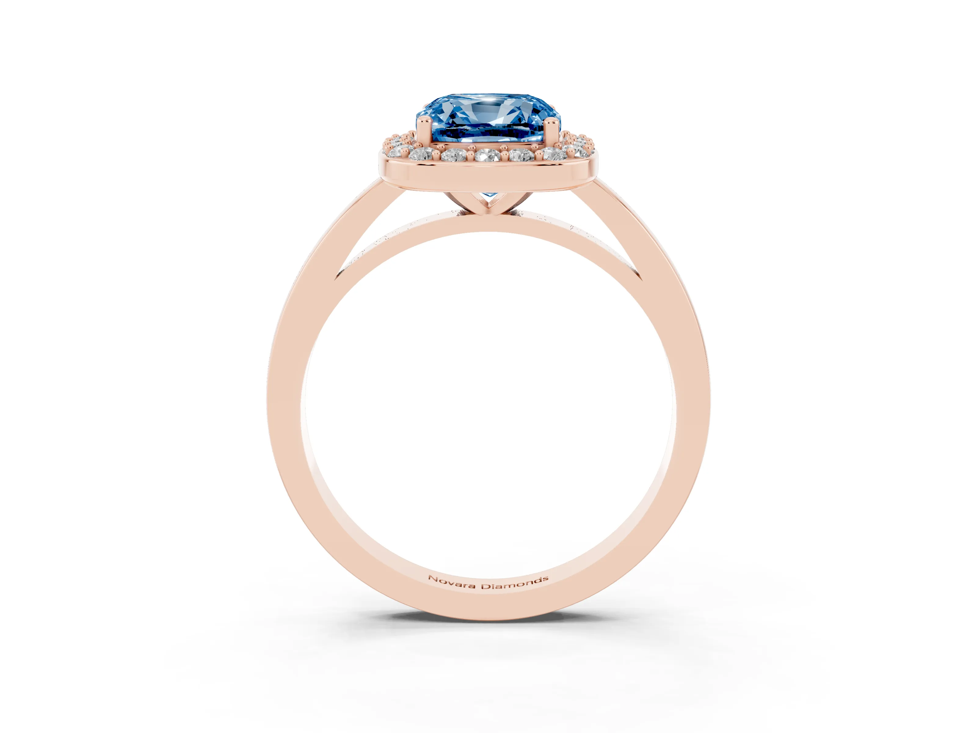 Fancy Blue Cushion Cut Diamond Halo Ring Set in Rose gold with Solitaire Band and Prong Setting