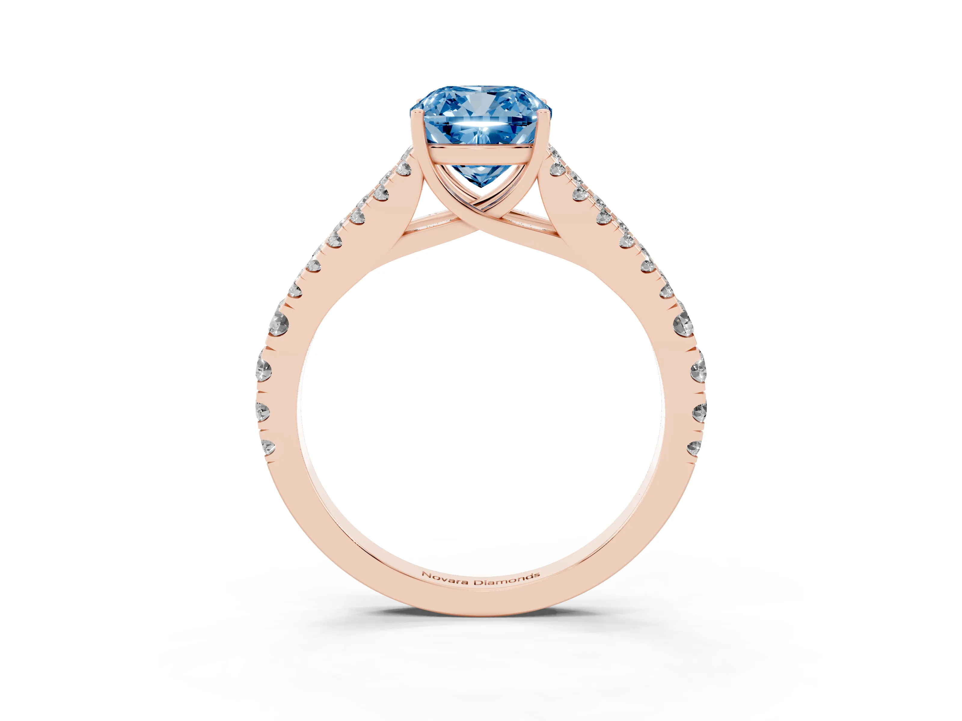 Fancy Blue Cushion Cut Diamond Split Shank Pavé Engagement Ring Set in Rose gold with Prong-Held Center Stone