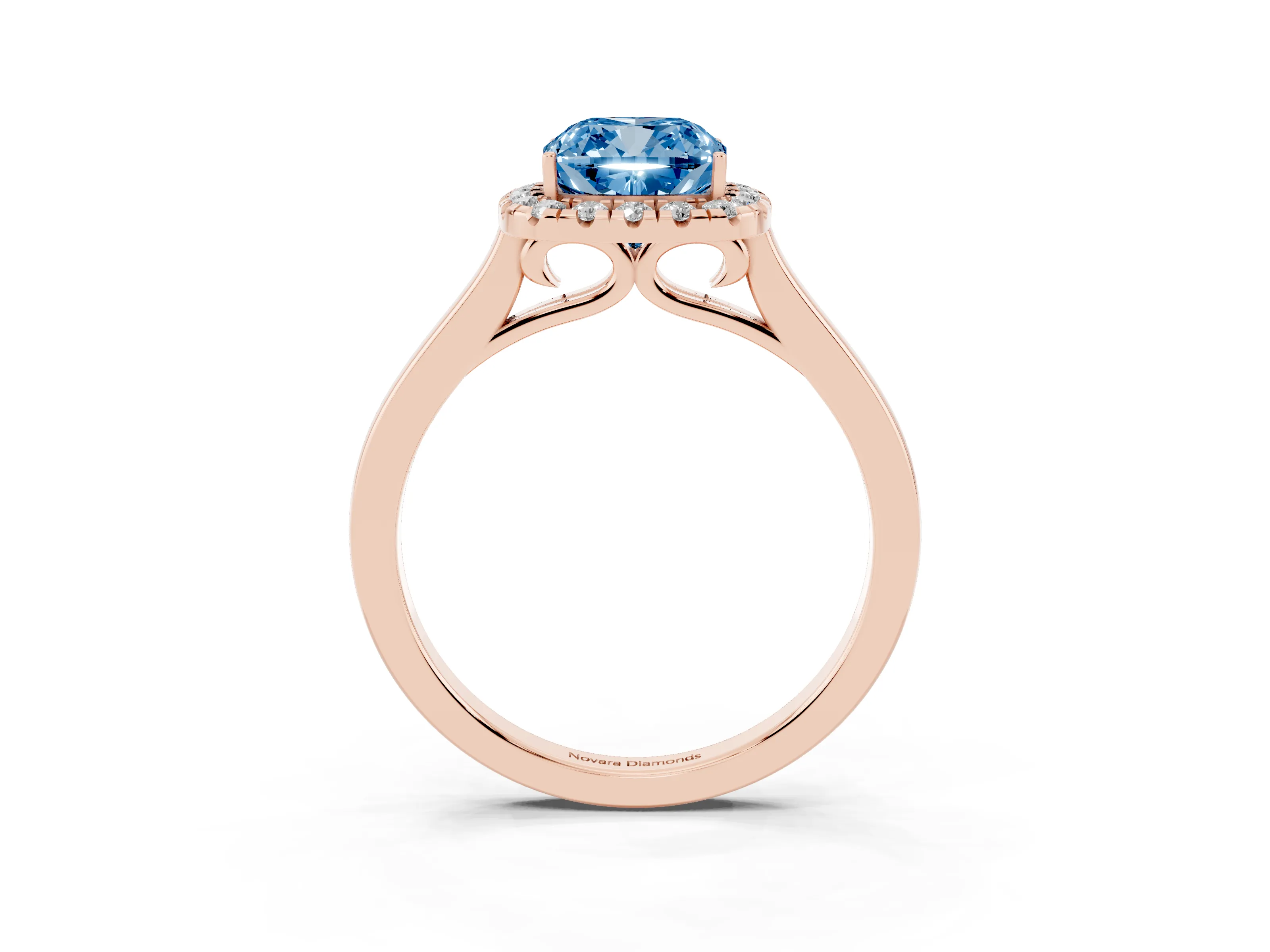 Fancy Blue Cushion Cut Halo Round Diamond Solitaire Ring Set in Rose gold with Pavé Band and Prong Setting