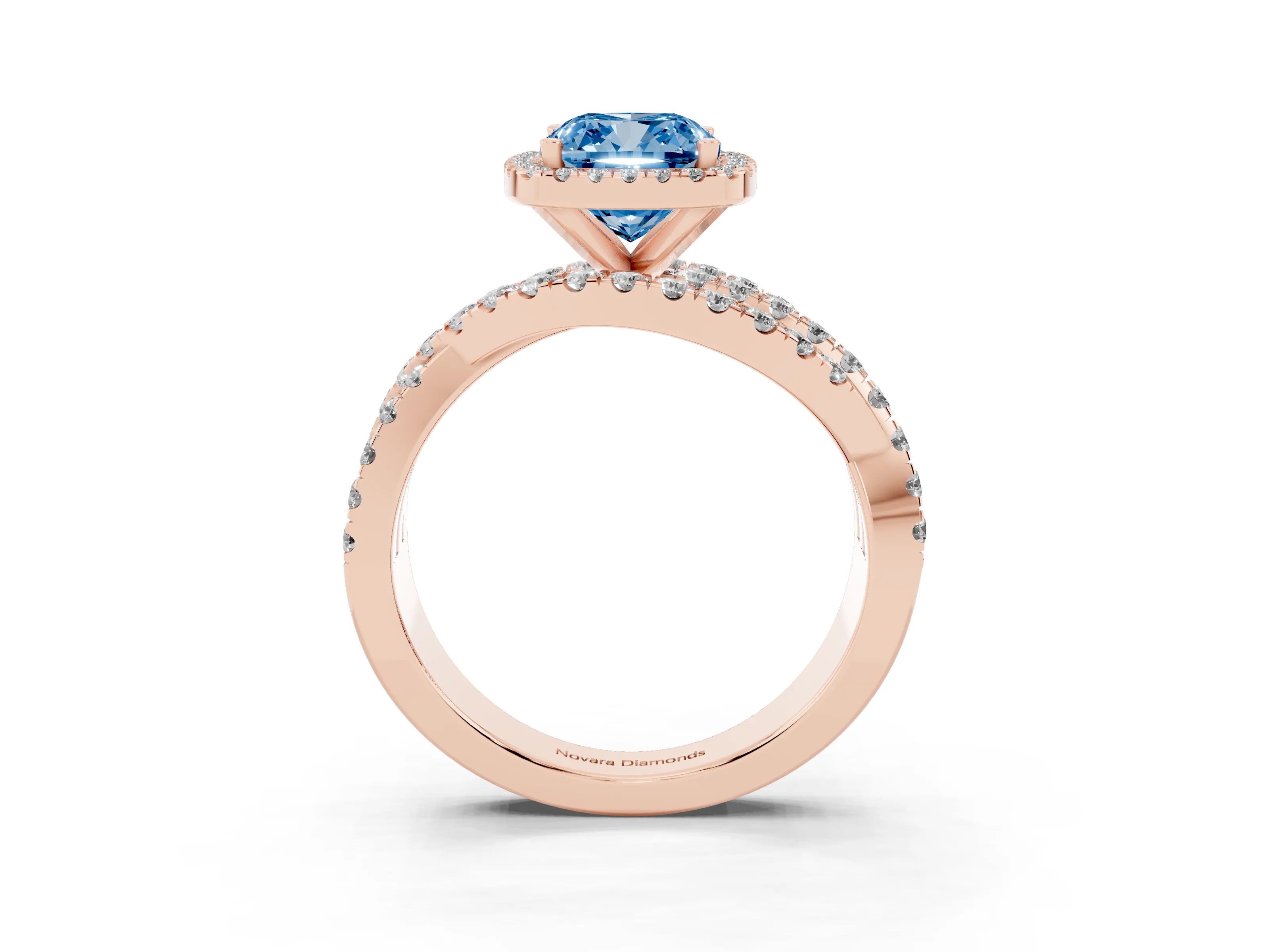 Fancy Blue Cushion Cut Diamond Halo Ring Set in Rose gold with Round Crossover Split Shank and Prong Setting