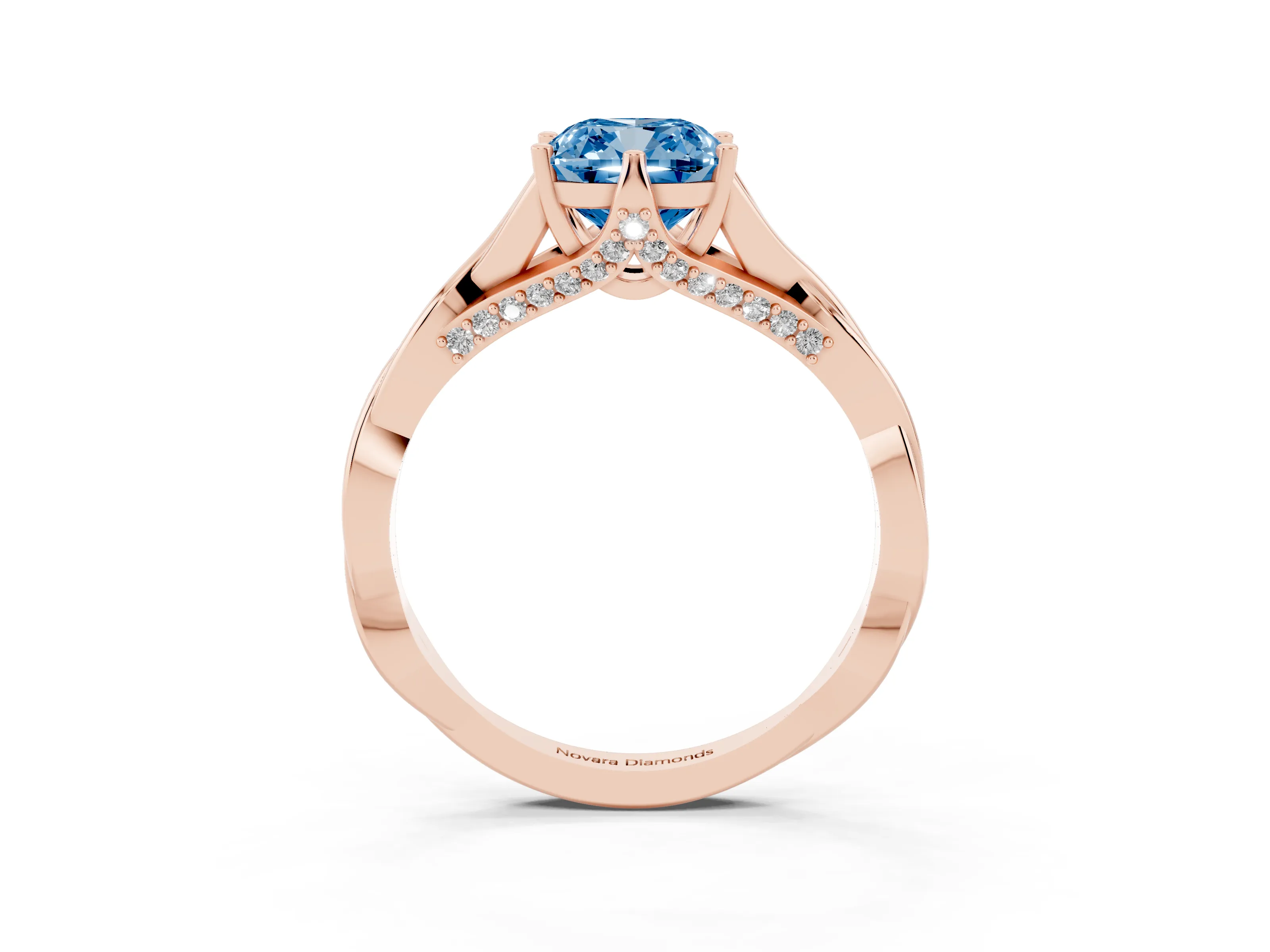 Fancy Blue Cushion Cut Diamond Intertwined Twist Band Solitaire Ring Set in Rose gold with Prong Setting