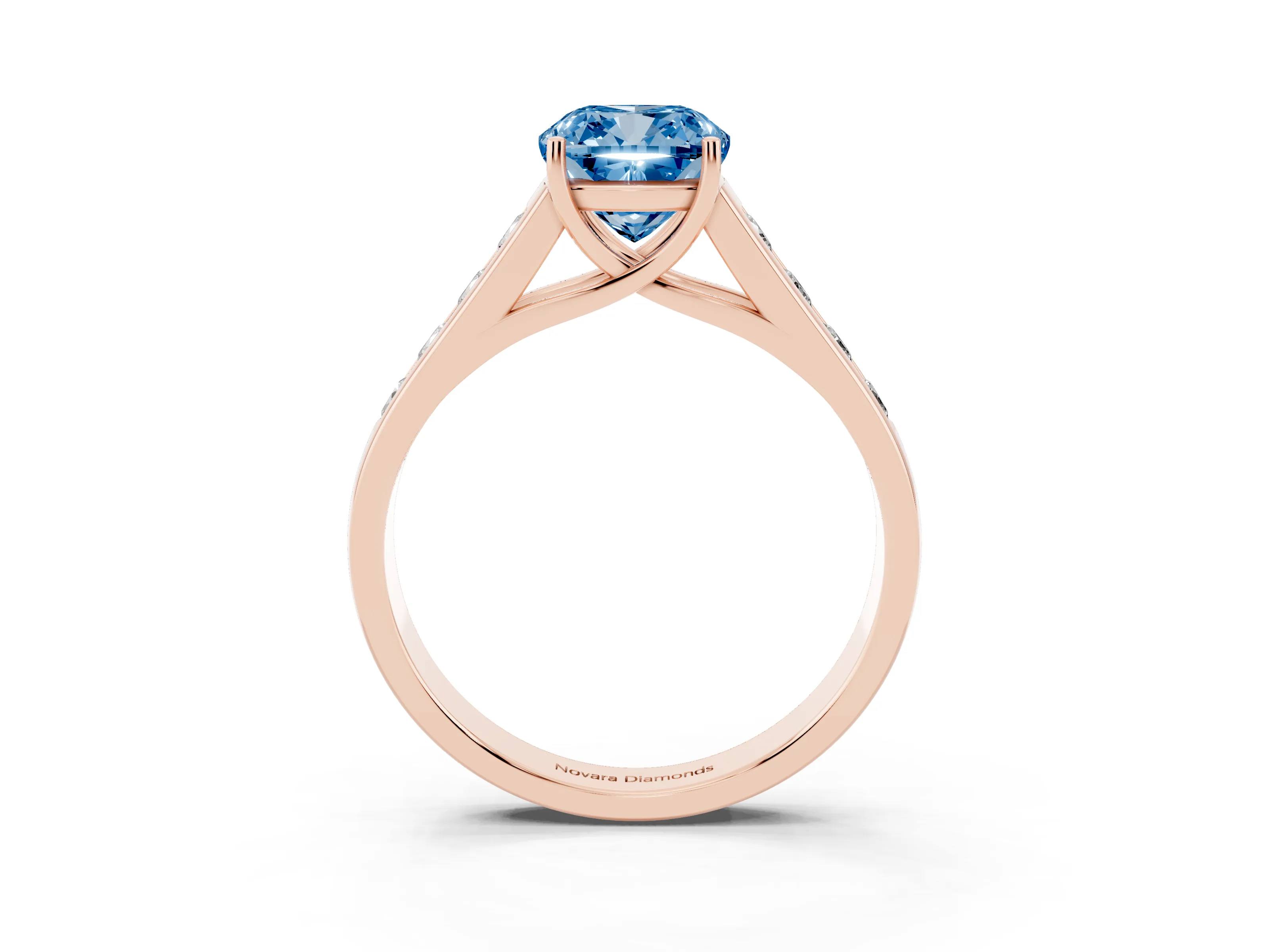 Fancy Blue Cushion Cut Diamond Brilliant Channel-Set Solitaire Ring Set in Rose gold with Prong Setting