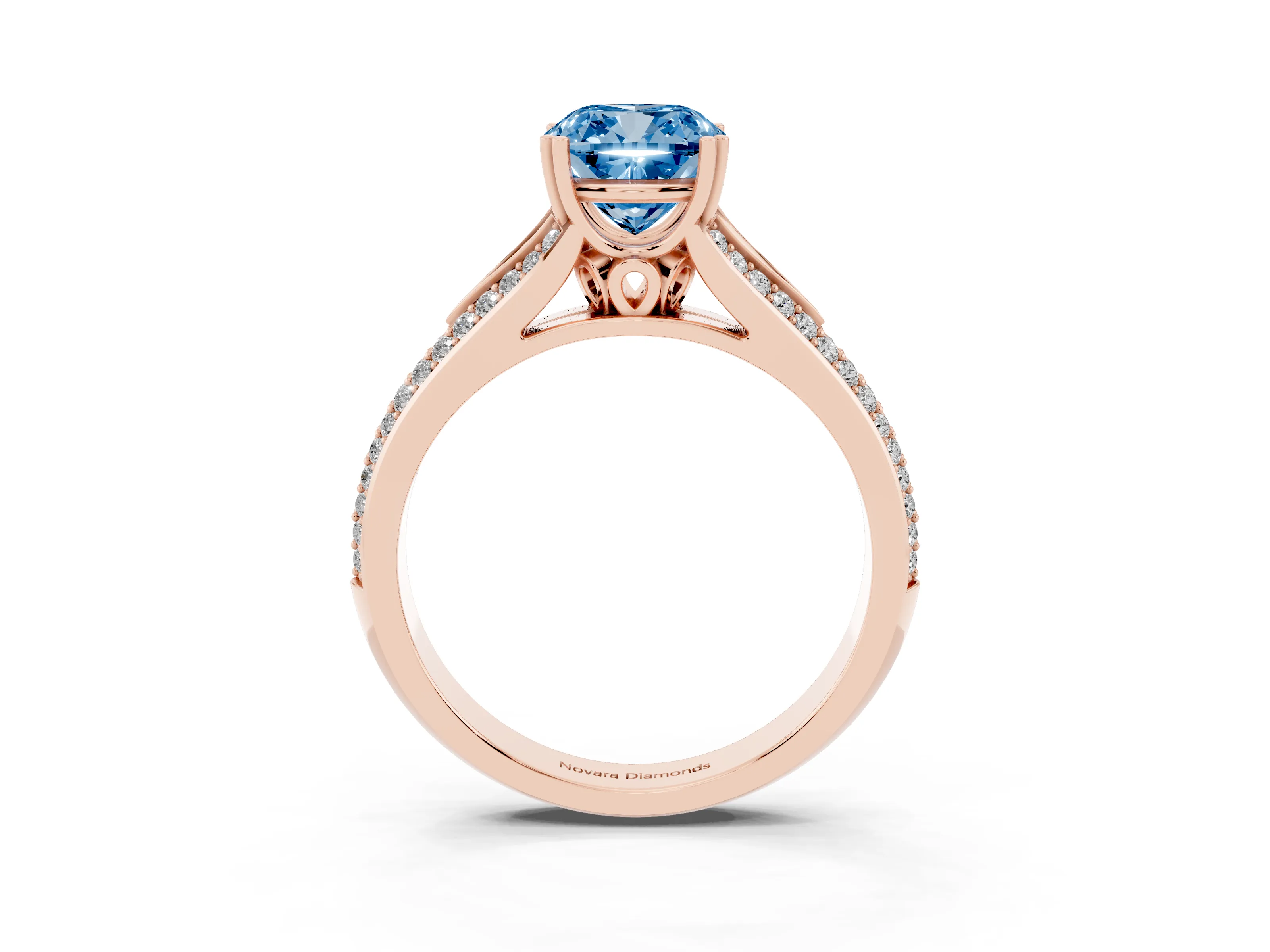 Fancy Blue Cushion Cut Diamond Split Shank Pavé Engagement Ring Set in Rose gold with Prong-Set Center Stone