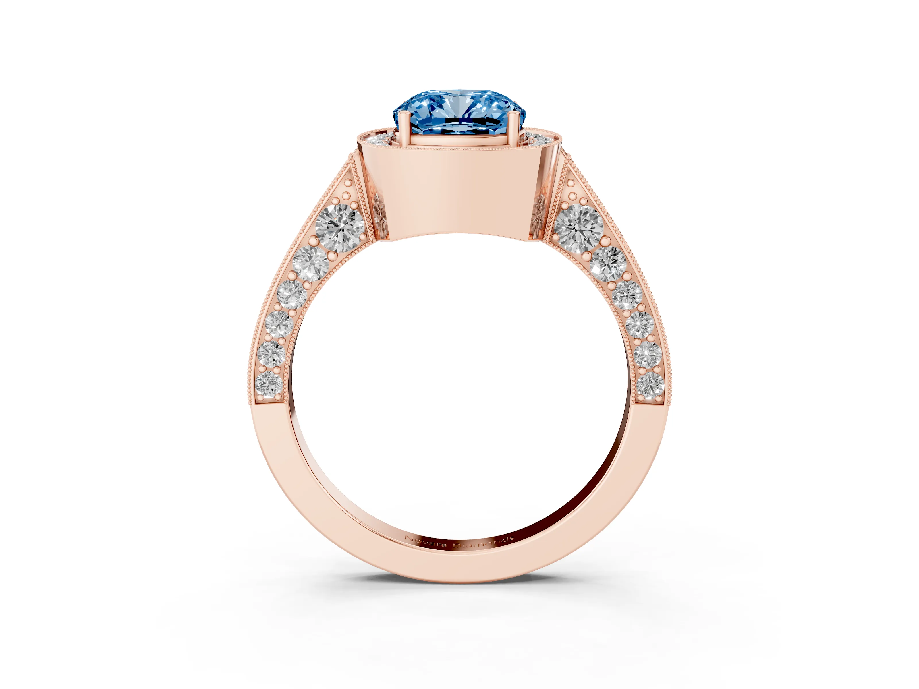 Fancy Blue Cushion Cut Diamond Halo Engagement Ring Set in Rose gold with Accent Split Shank Band