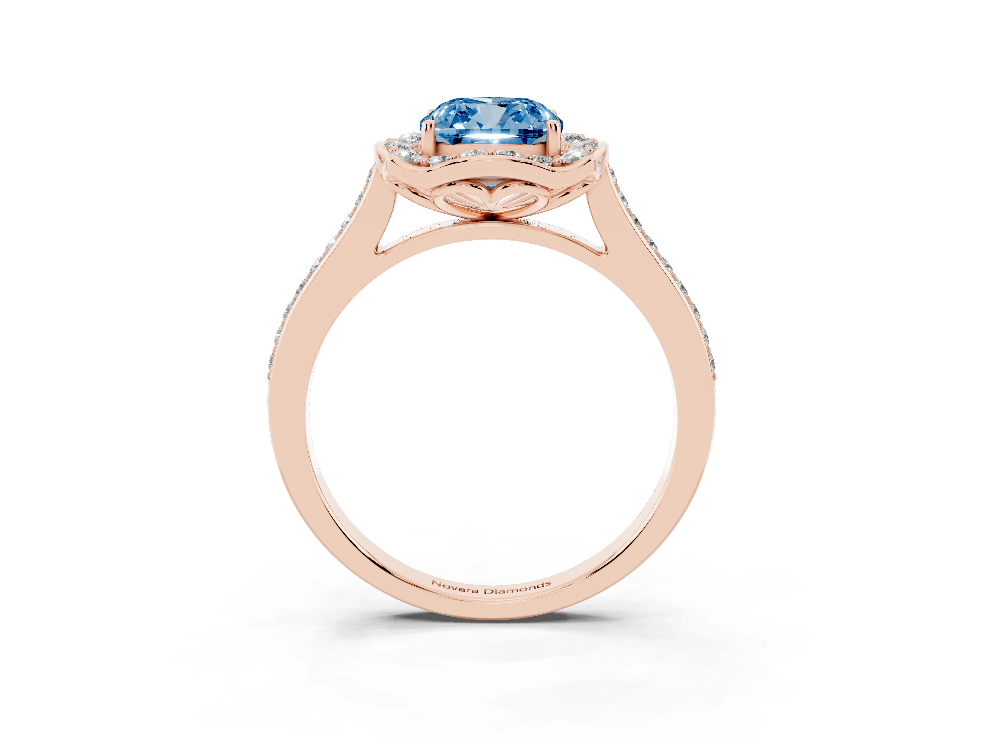 Fancy Blue Cushion Cut Diamond Halo Ring Set in Rose gold with Pavé-Lined Shoulders and Prong Setting