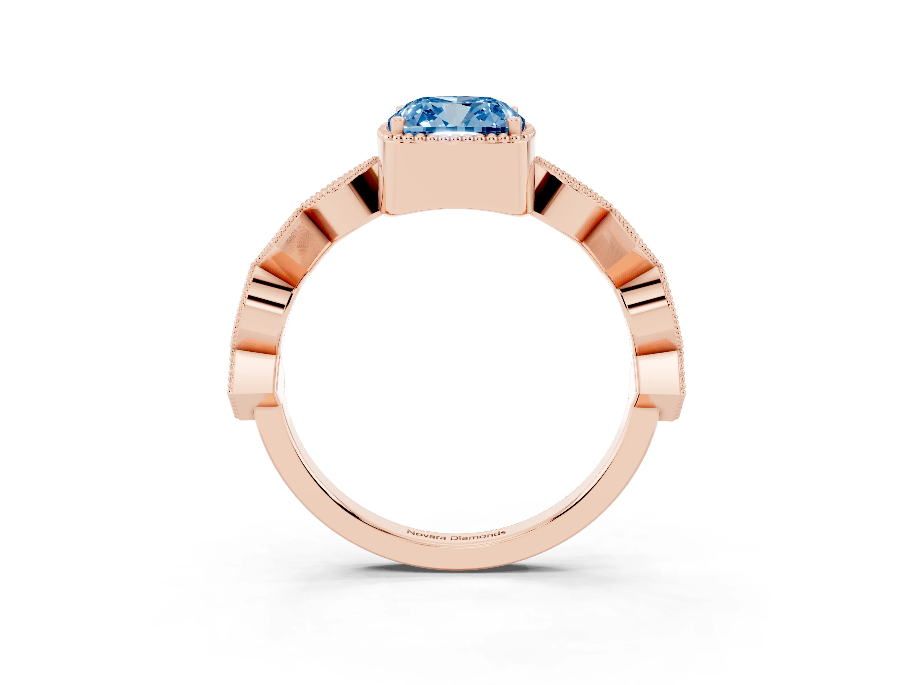 Fancy Blue Cushion Cut Diamond Milgrain Marquise Twist Band Ring Set in Rose gold with Prong Setting