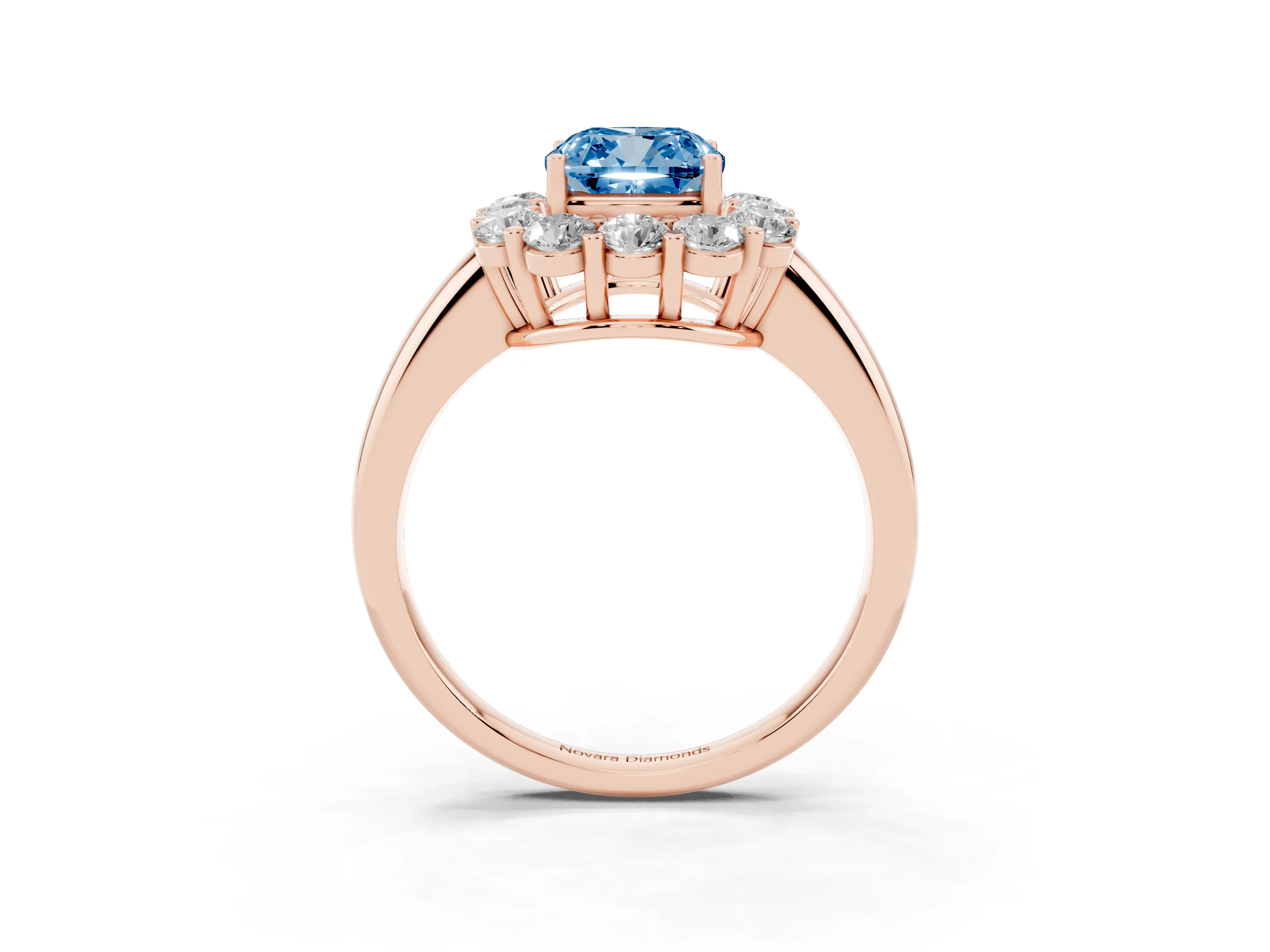 Fancy Blue Cushion Cut Diamond Halo Cluster Engagement Ring Set in Rose gold with Polished Band and Prong Setting