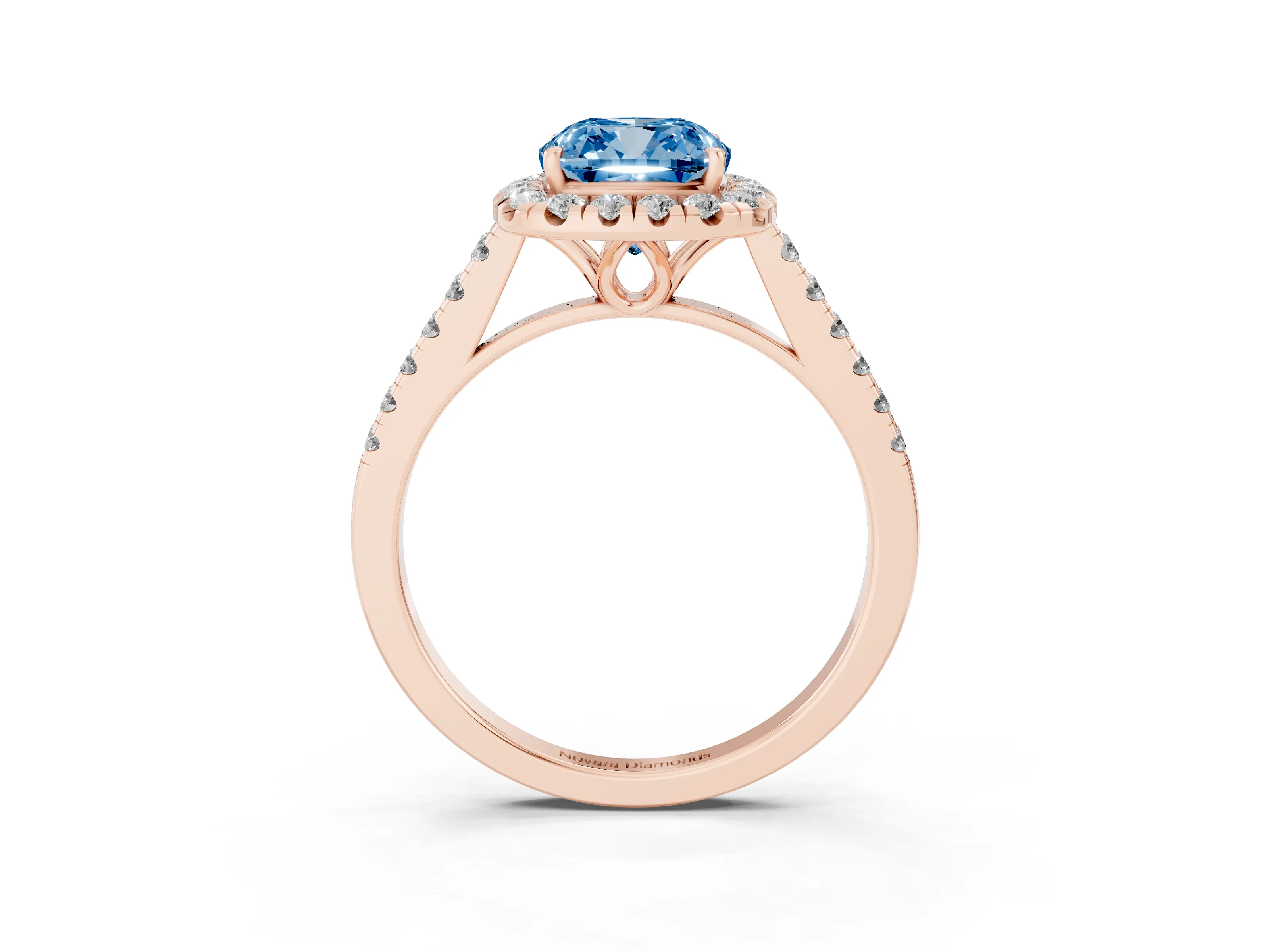 Fancy Blue Cushion Cut Diamond Pavé Halo Engagement Ring Set in Rose gold with Pavé Band and Prong Setting