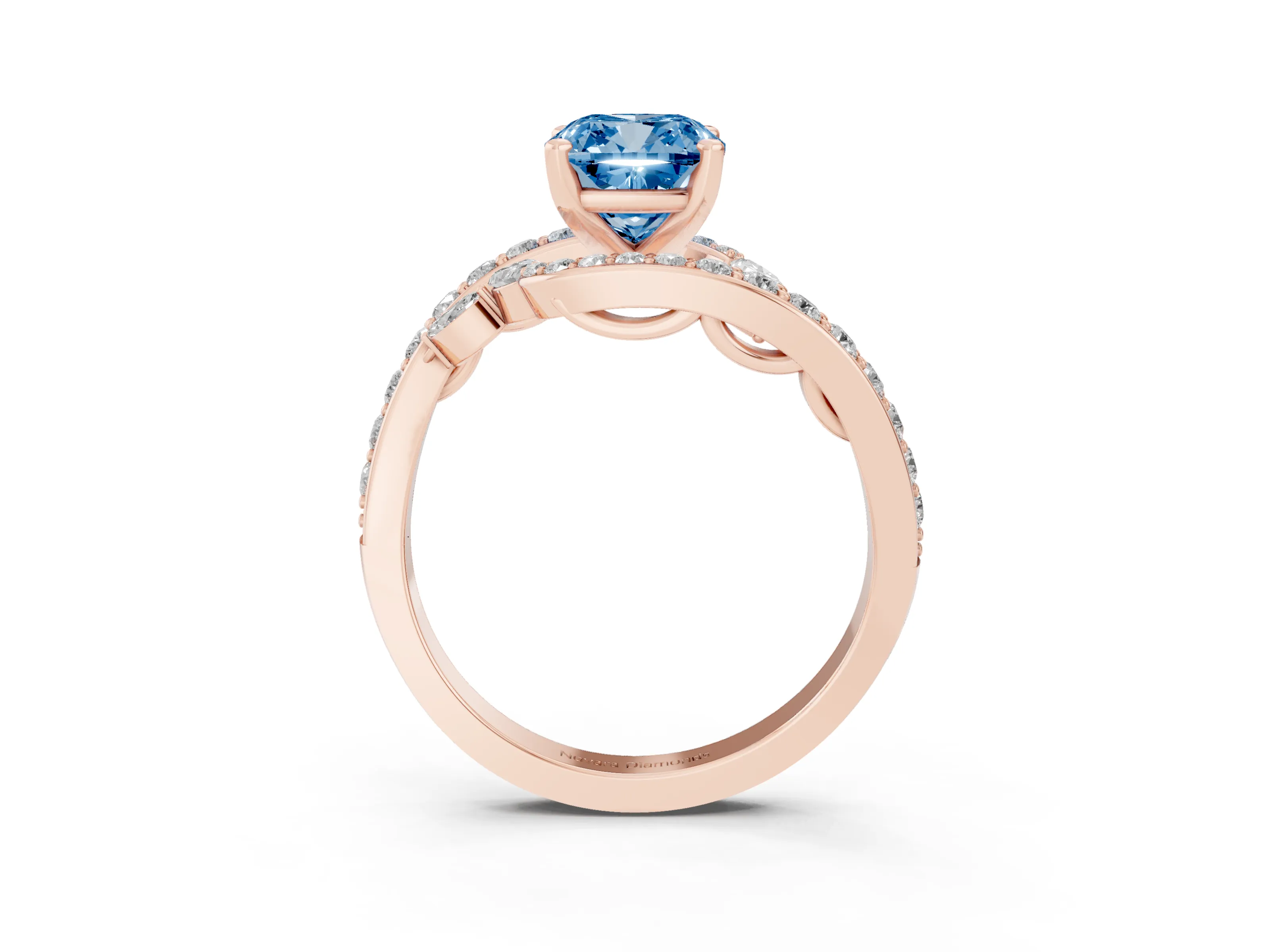 Fancy Blue Cushion Cut Diamond Solitaire Ring Set in Rose gold with Filigree Band and Prong Setting