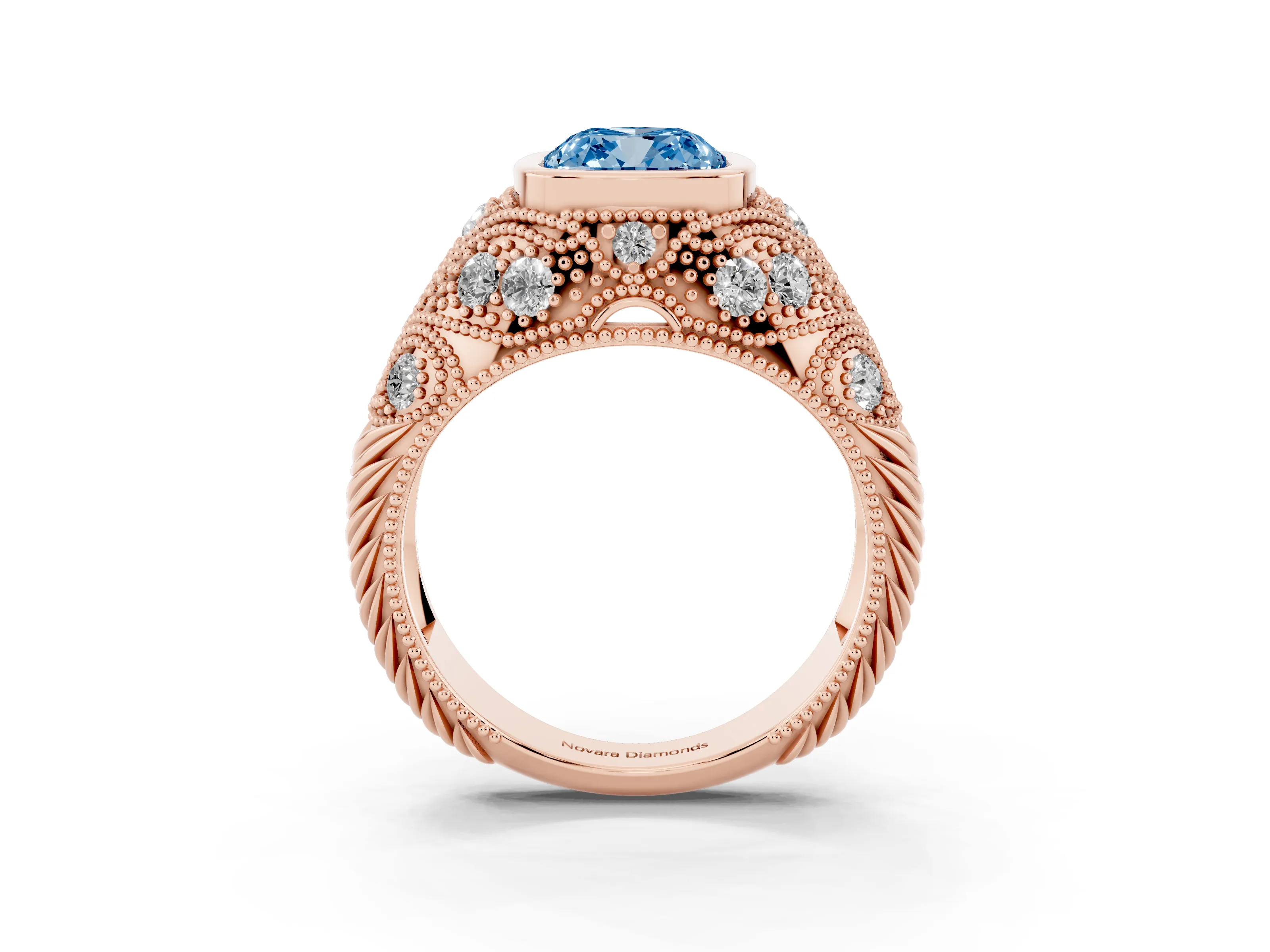 Fancy Blue Cushion Cut Diamond Bezel Ring Set in Rose gold with Milgrain Accent Band
