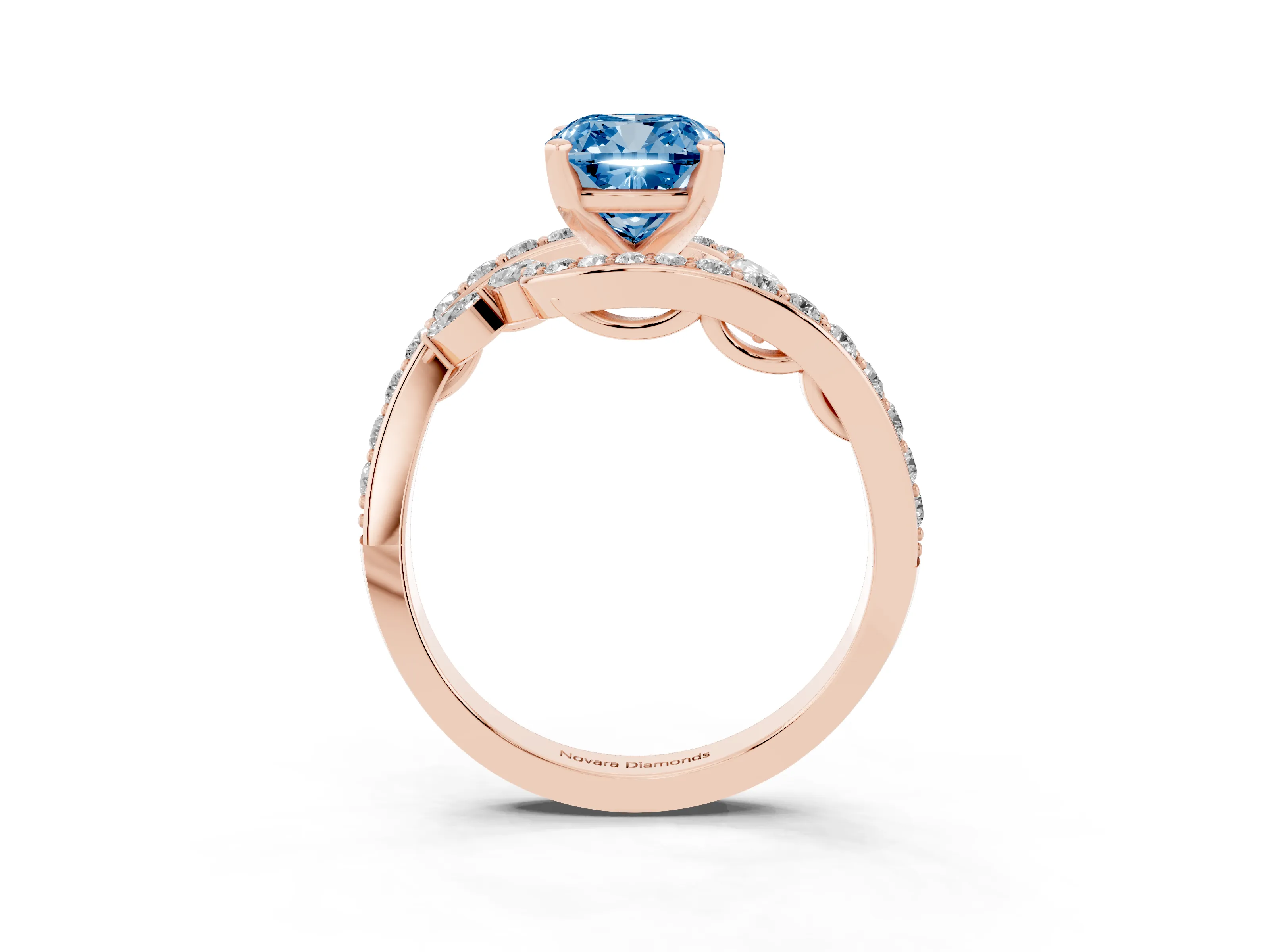 Fancy Blue Cushion Cut Diamond Solitaire Ring Set in Rose gold with Pavé Twist Band and Secure Prong Setting