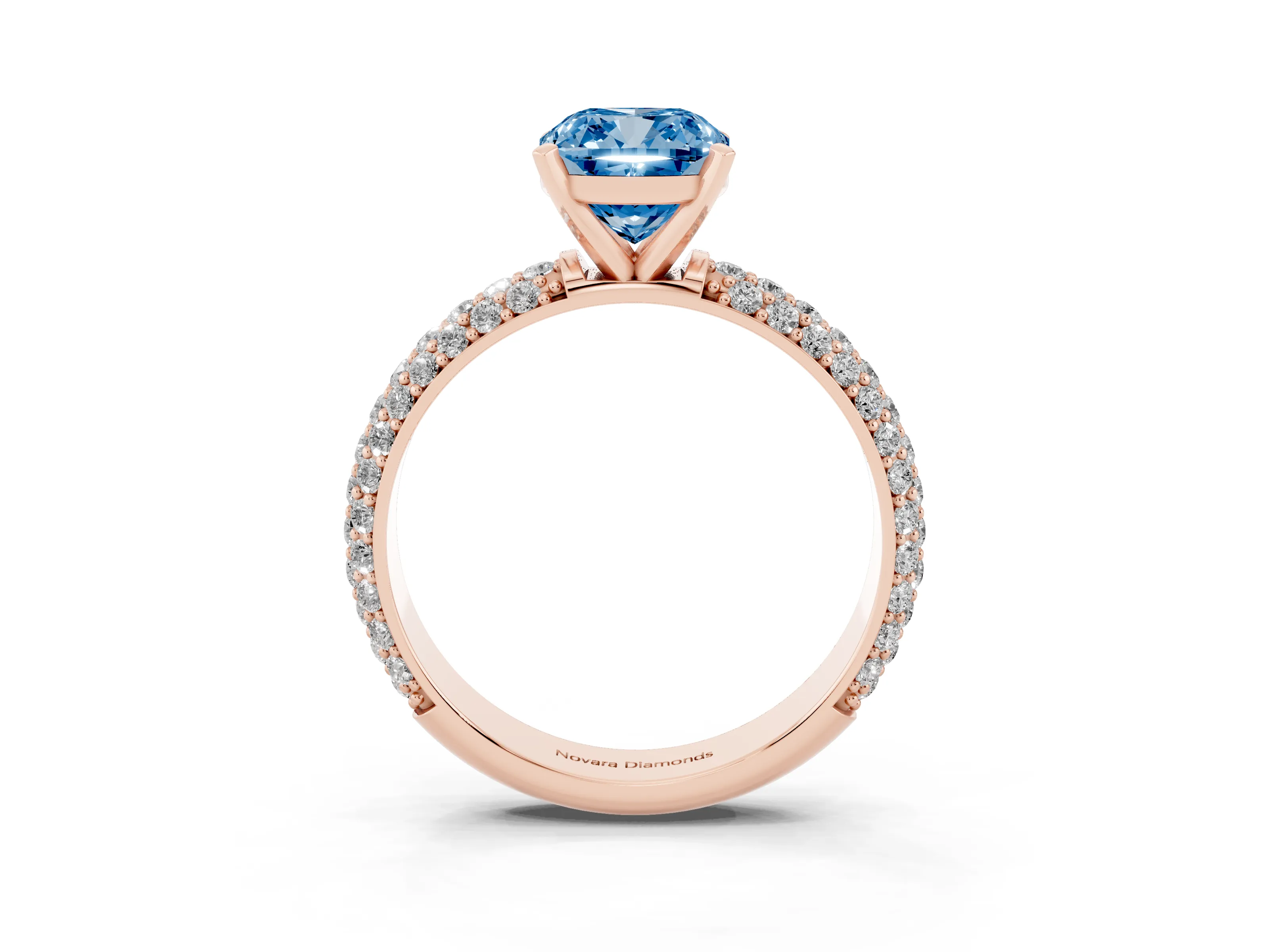 Fancy Blue Cushion Cut Diamond Solitaire Ring Set in Rose gold with Prong Setting and Pavé-Set Band