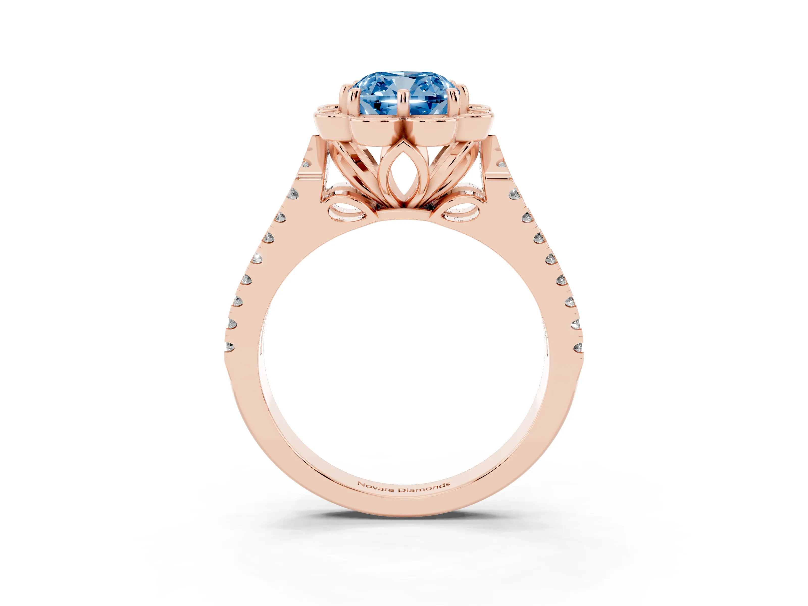 Fancy Blue Cushion Cut Diamond Floral Halo Split Shank Engagement Ring Set in Rose gold with Pavé Shank