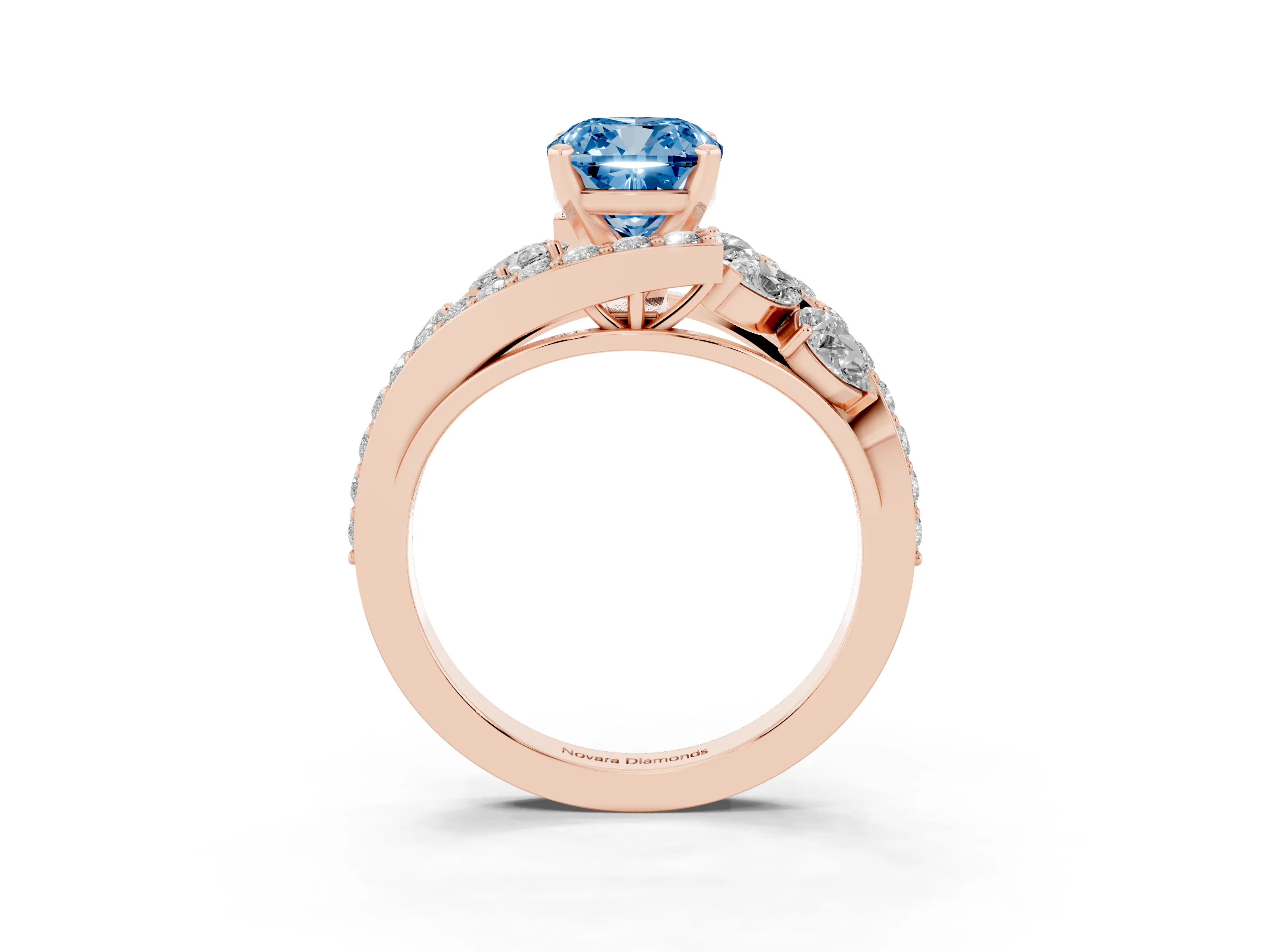 Fancy Blue Cushion Cut Diamond Halo Ring Set in Rose gold with Marquise and Pavé Band in Prong Setting