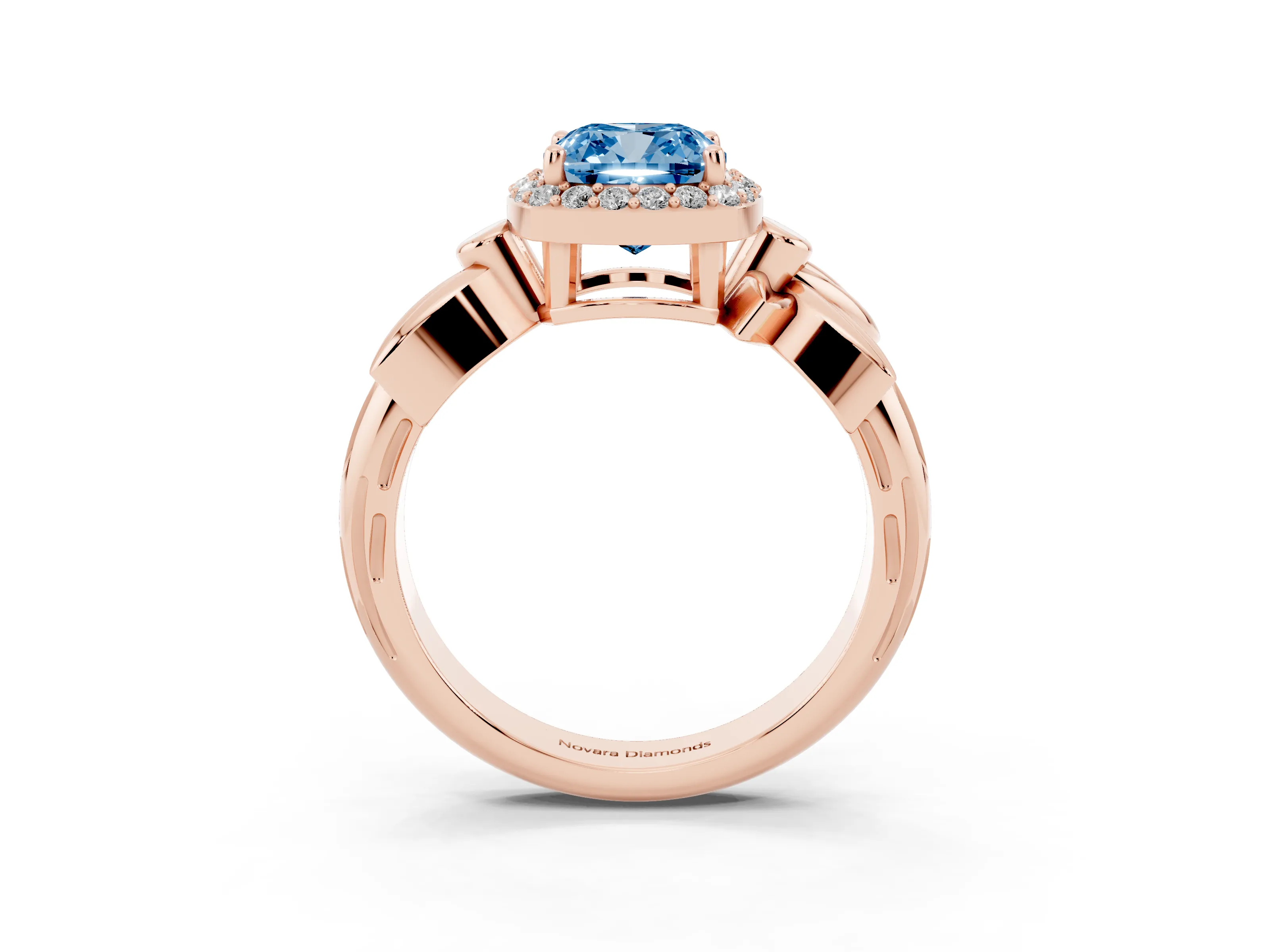 Fancy Blue Cushion Cut Diamond Halo Floral Band Ring Set in Rose gold with Prong Setting