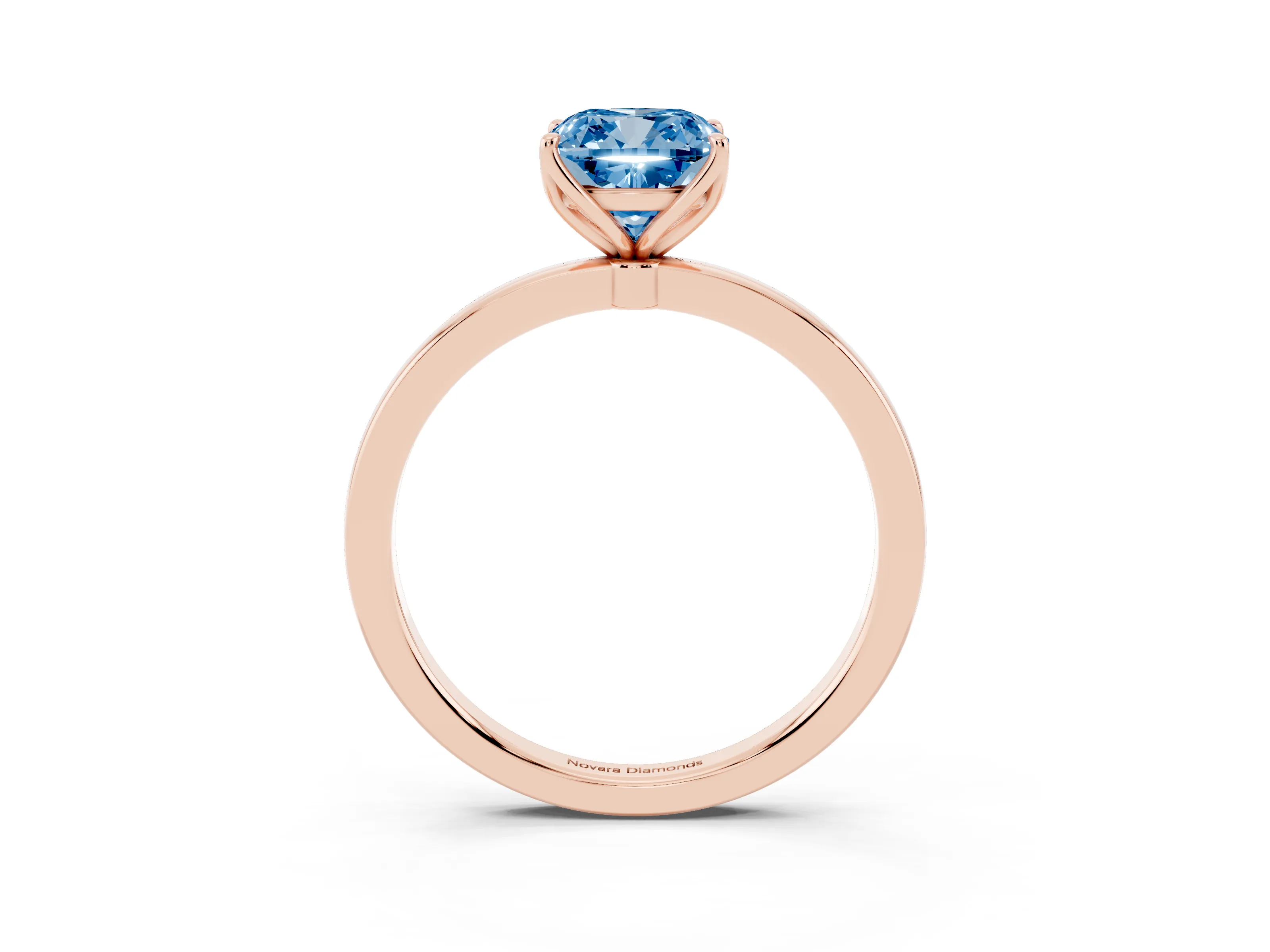 Fancy Blue Cushion Cut Diamond Solitaire Ring Set in Rose gold with Prong Setting and Thin Polished Band