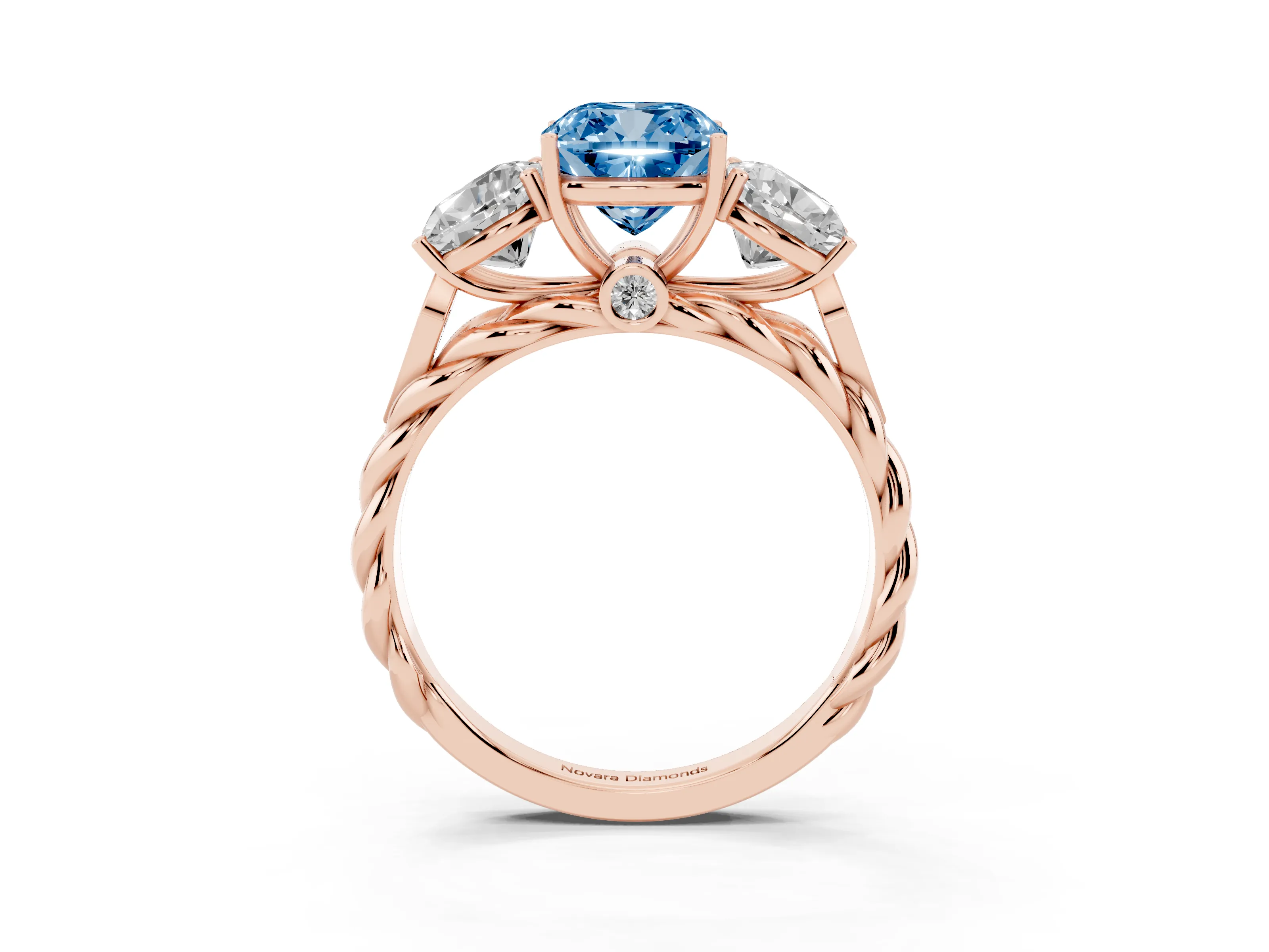 Fancy Blue Cushion Cut Diamond Three-Stone Ring Set in Rose gold with Braided Band