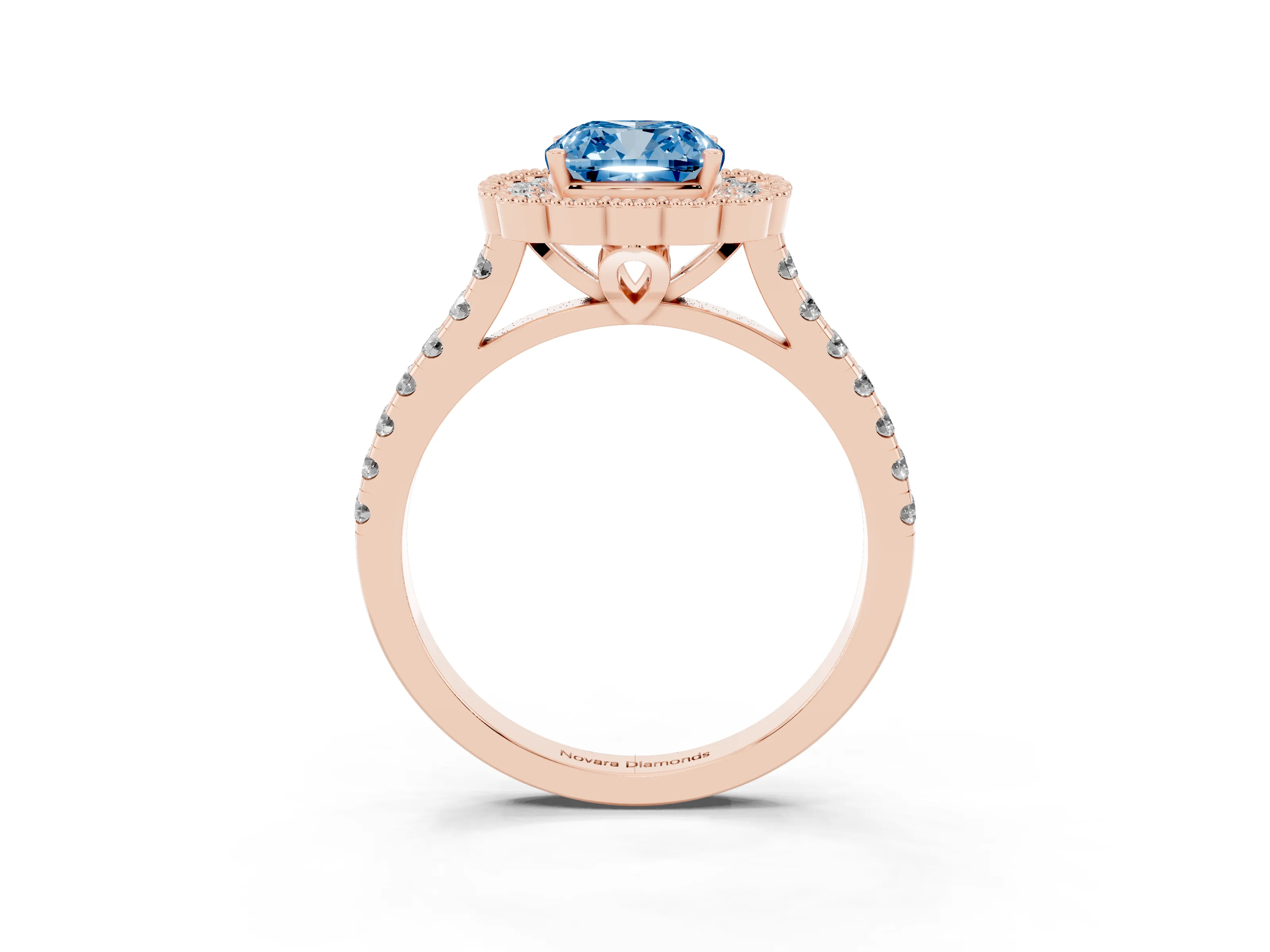 Fancy Blue Cushion Cut Diamond Milgrain Floral Halo Engagement Ring Set in Rose gold with Pavé Band
