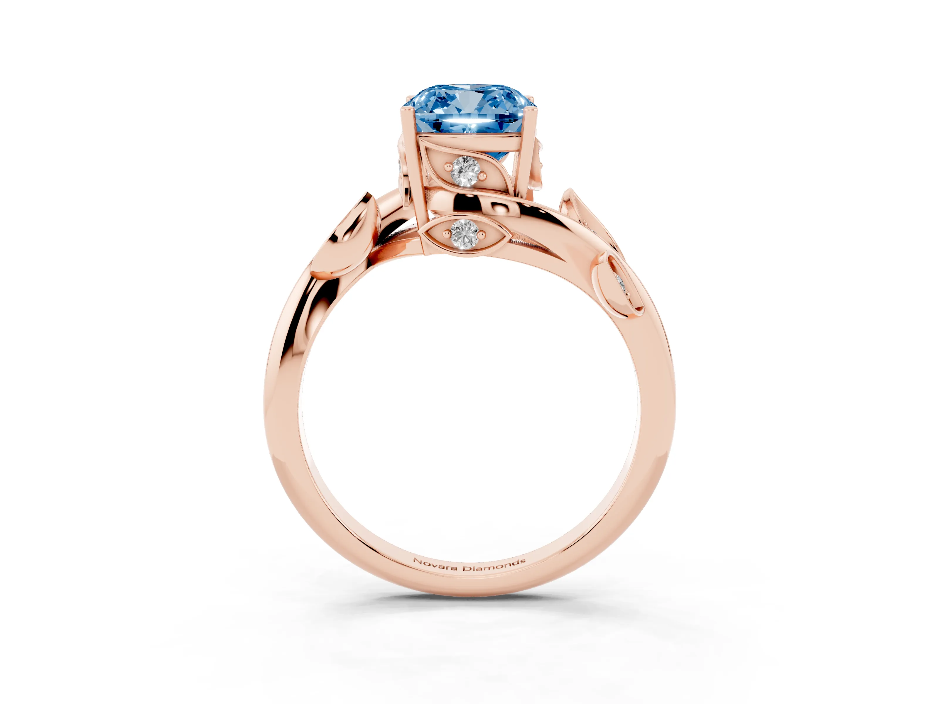 Fancy Blue Cushion Cut Diamond Solitaire Twist Engagement Ring Set in Rose gold with Pavé Leaf Accents