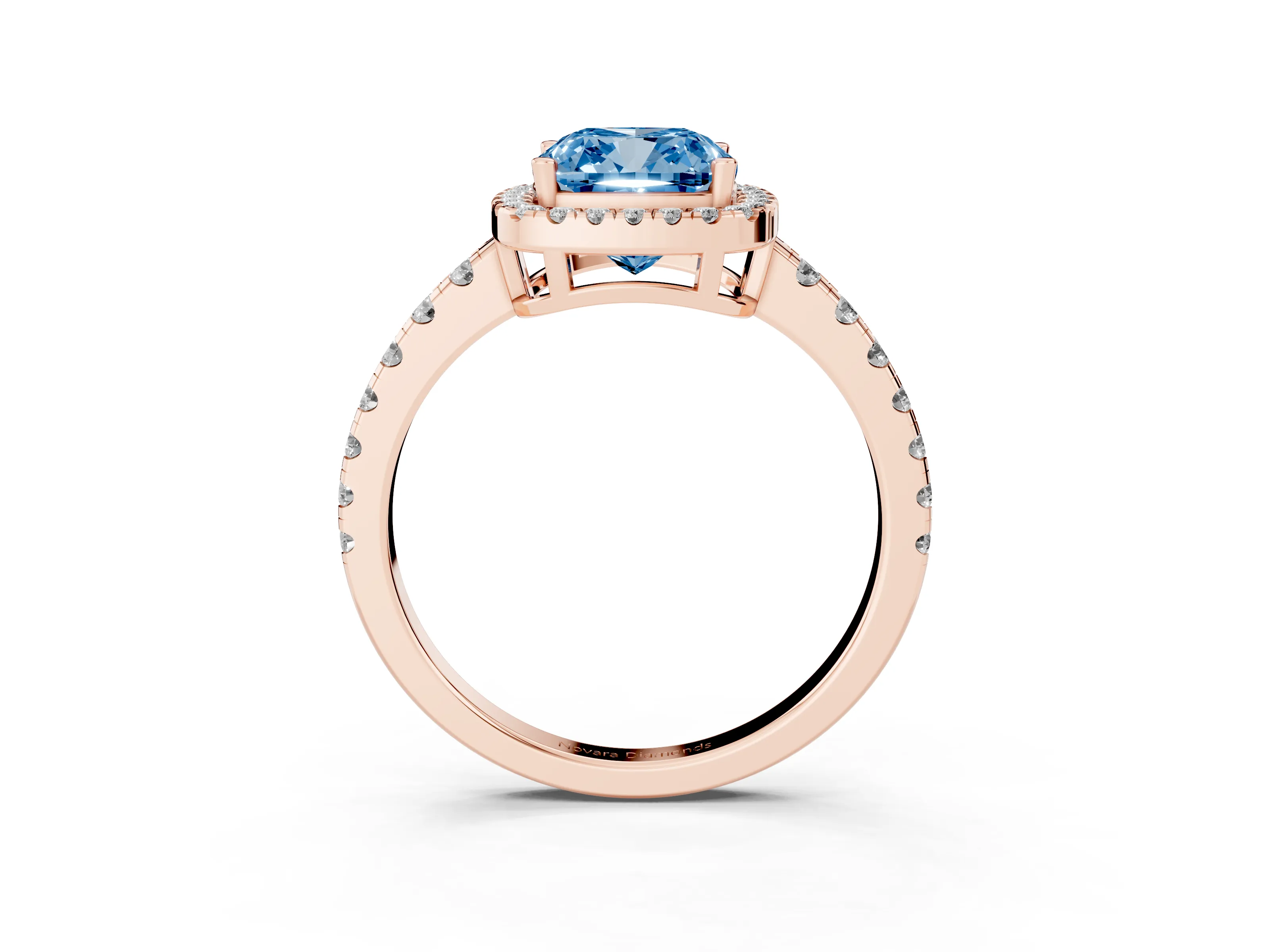 Fancy Blue Cushion Cut Diamond Halo Ring Set in Rose gold with Delicate Pavé Band and Prong Setting