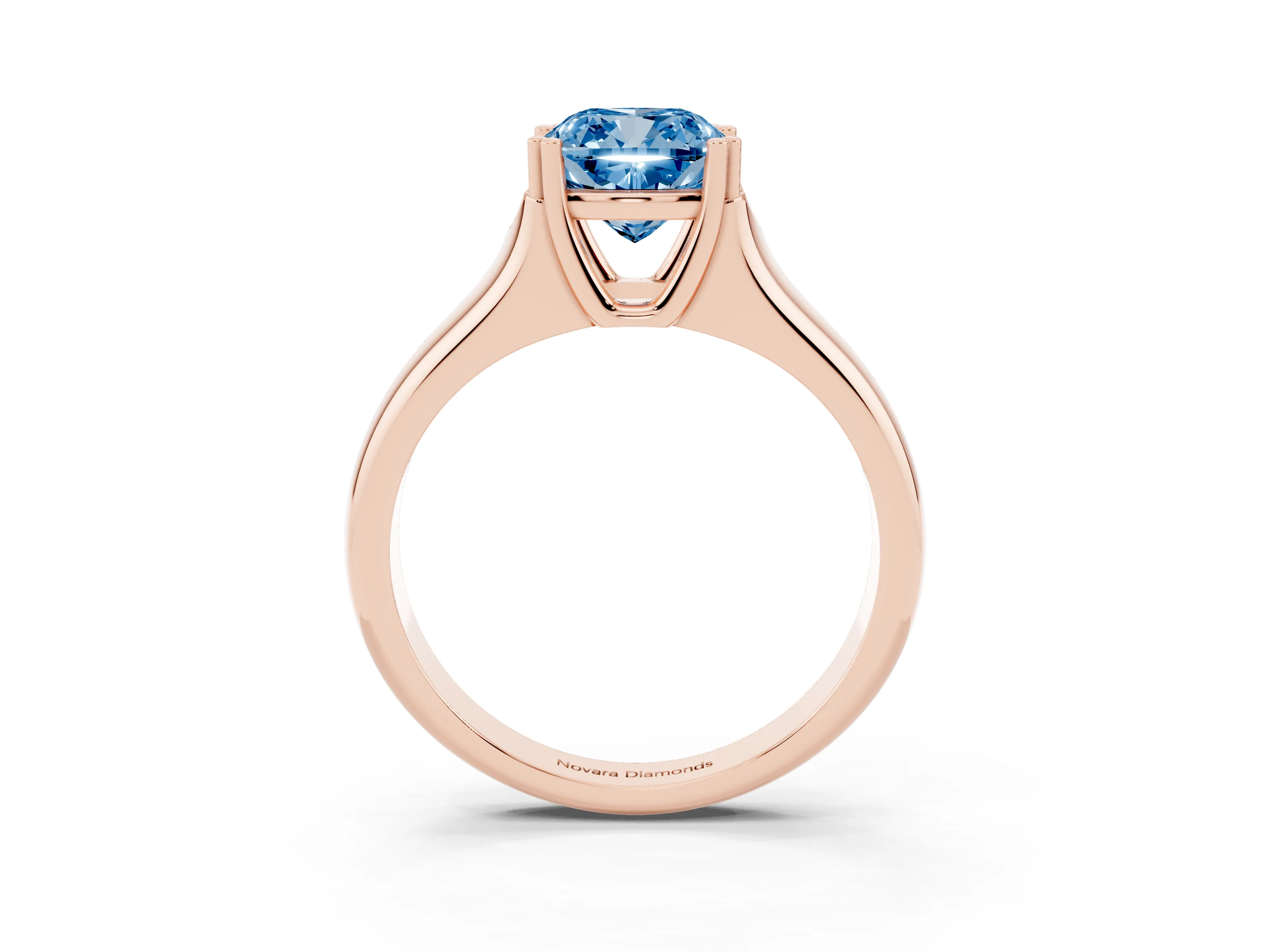 Fancy Blue Cushion Cut Diamond Solitaire Ring Set in Rose gold with Wide Band and Prong Setting