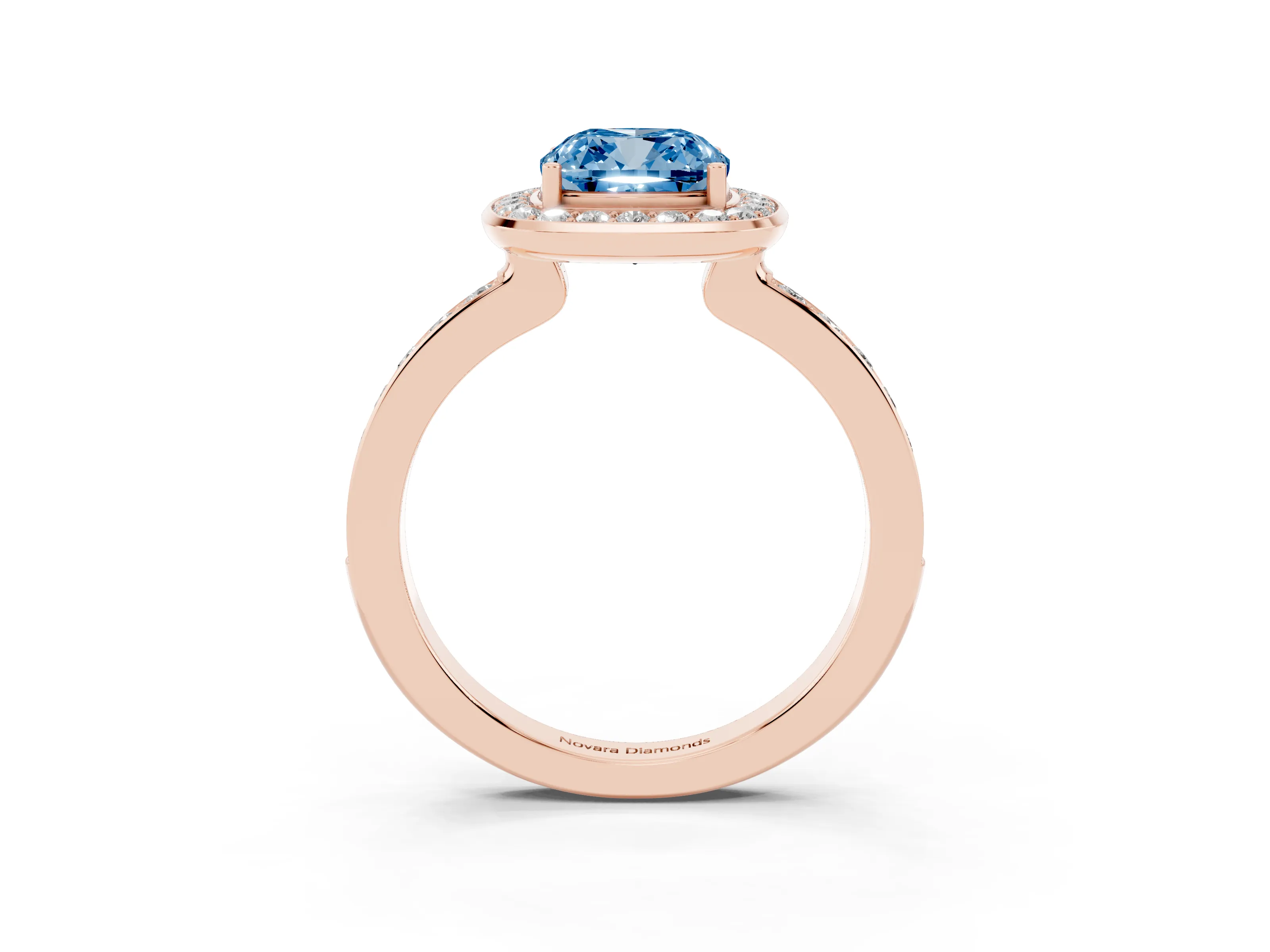 Fancy Blue Cushion Cut Diamond Halo Ring Set in Rose gold with Bezel Frame and Pavé Band