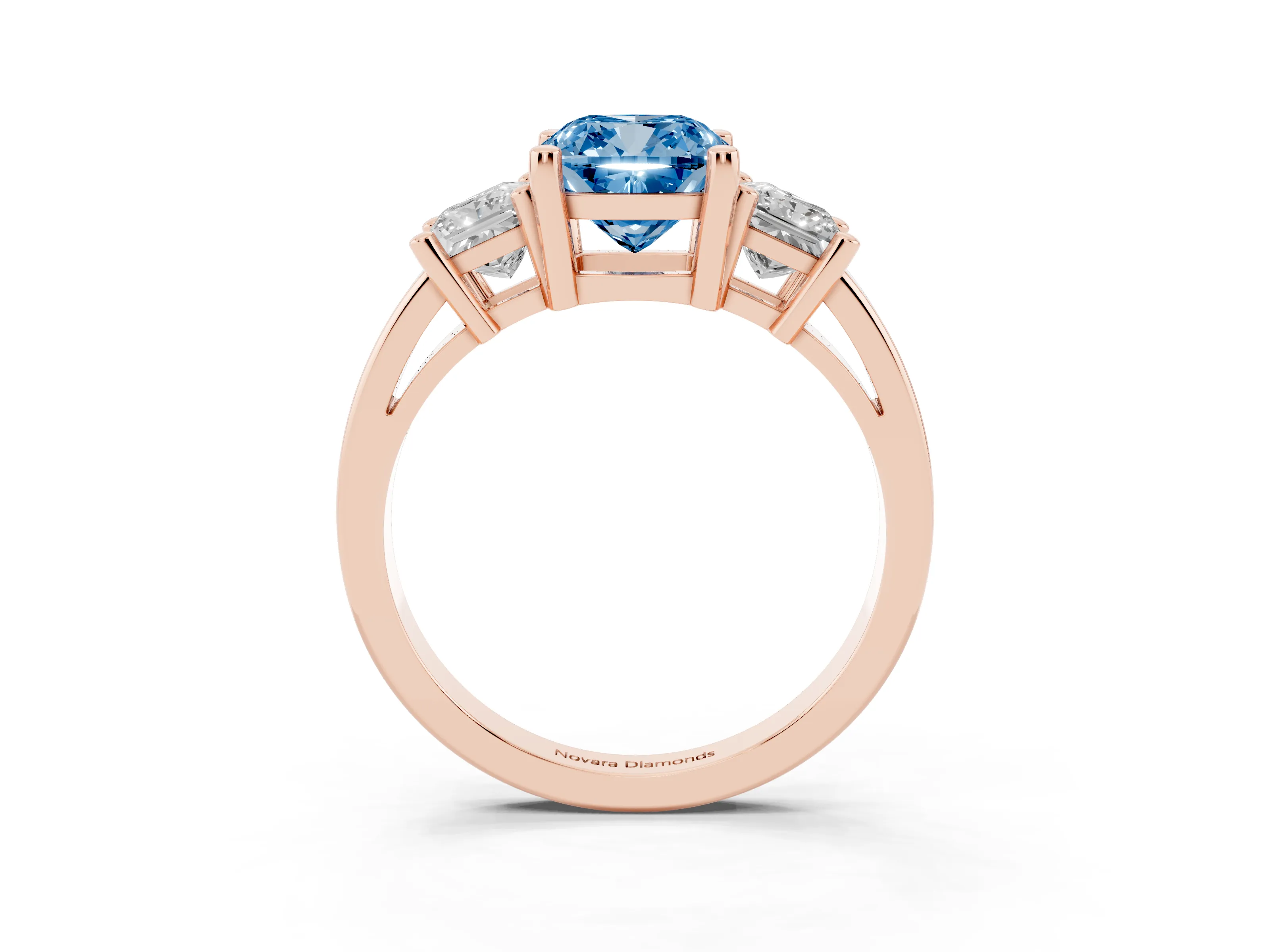 Fancy Blue Three-Stone Cushion Cut Diamond Solitaire Ring Set in Rose gold with Prong Setting