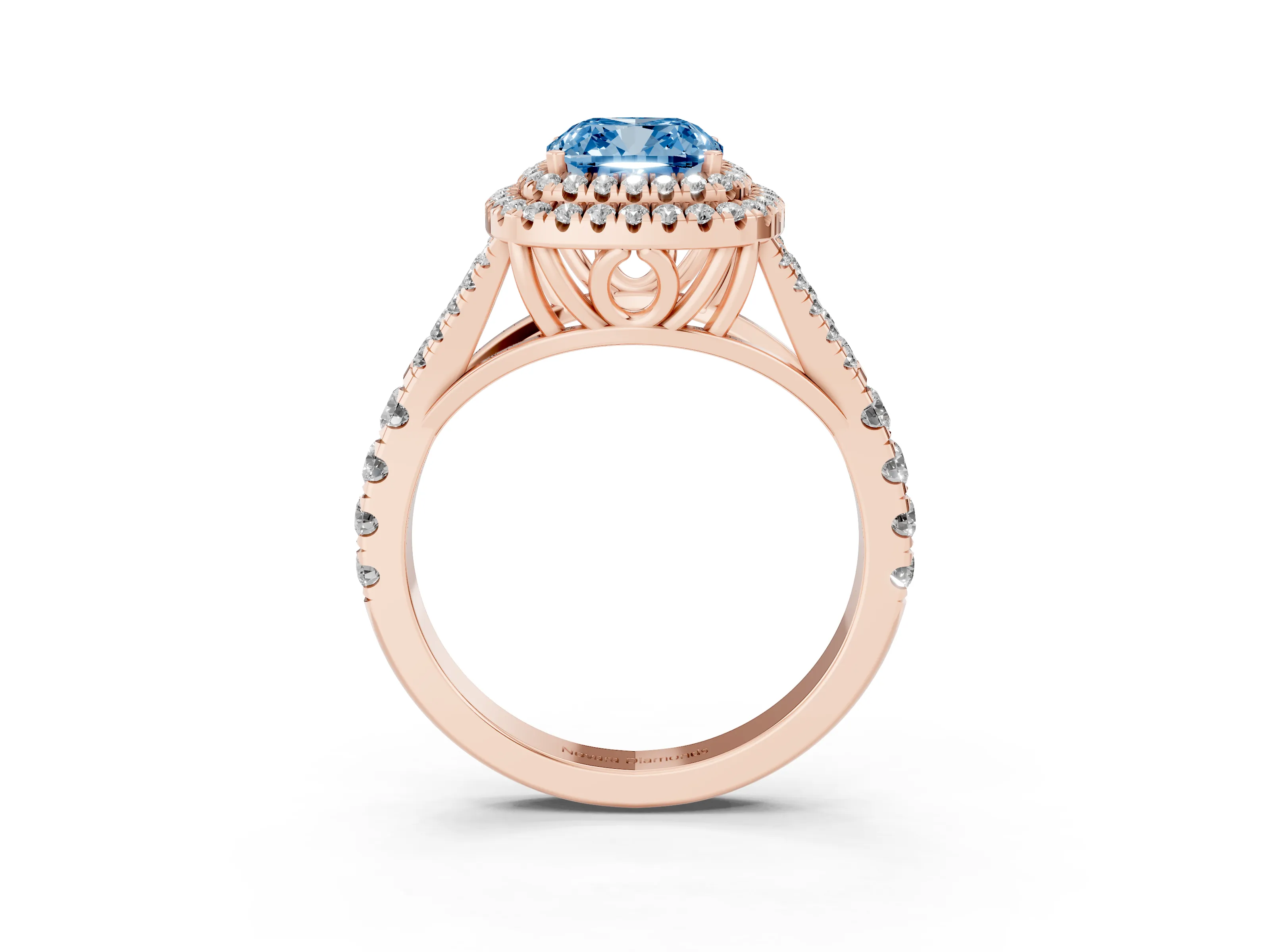 Fancy Blue Cushion Cut Diamond Pavé Split Shank Double Halo Engagement Ring Set in Rose gold