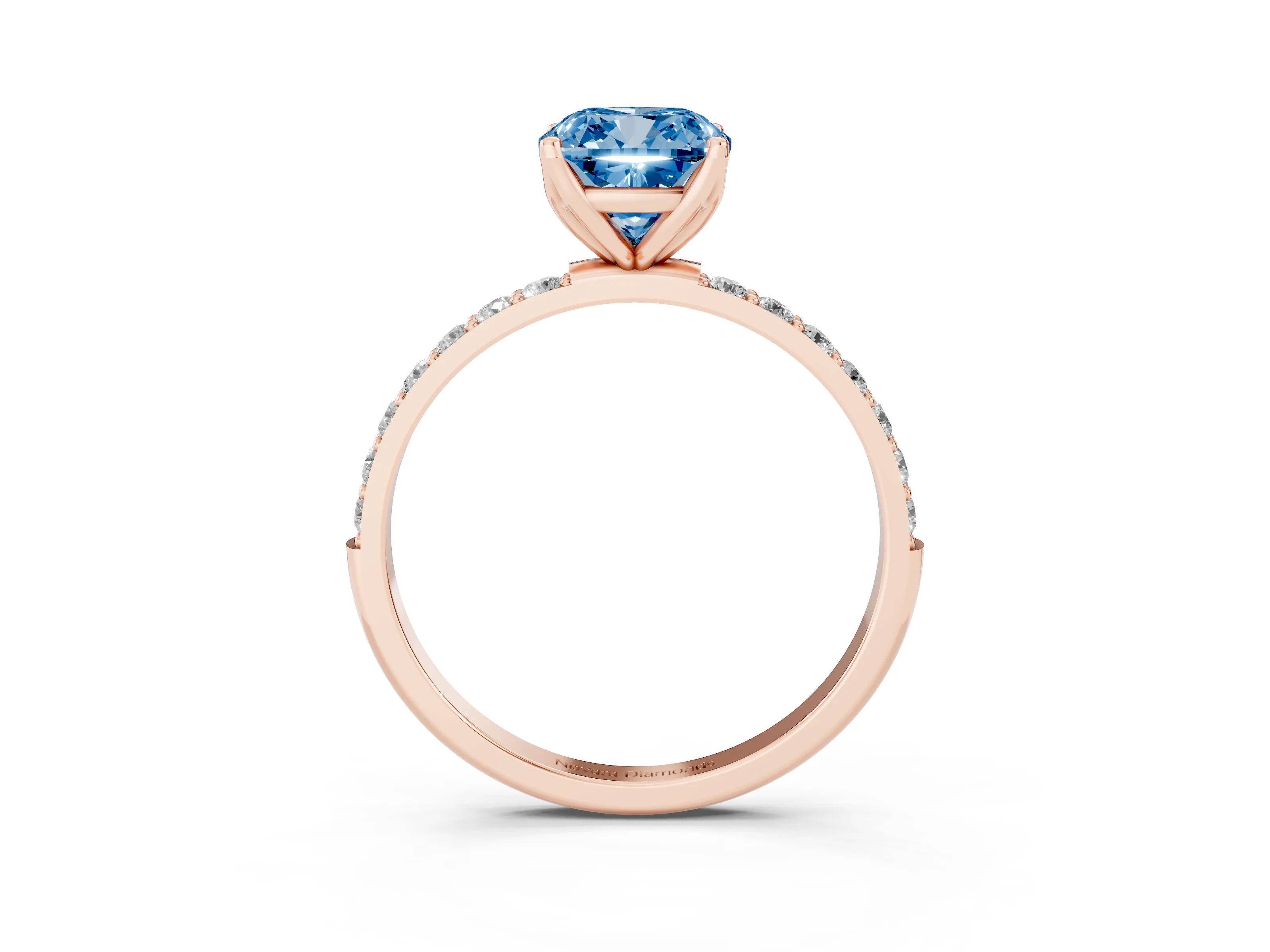 Fancy Blue Cushion Cut Diamond Solitaire Engagement Ring Set in Rose gold with Round Pavé Band and Prong Setting