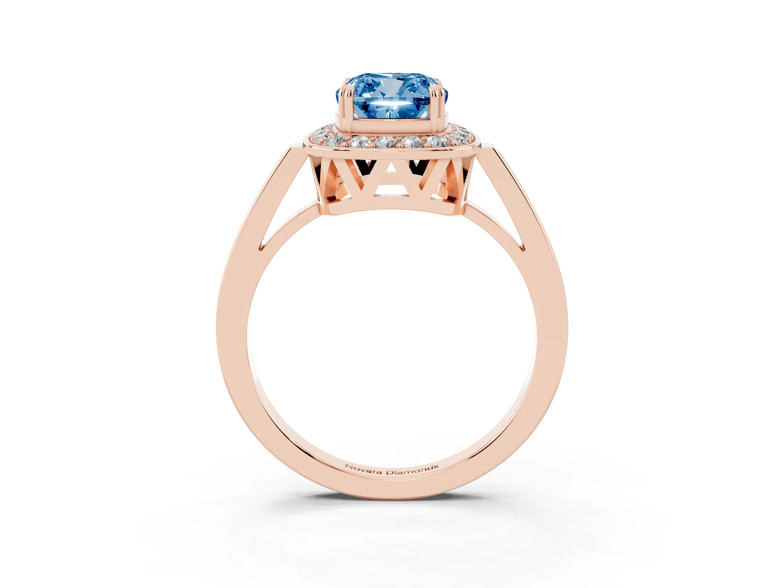 Fancy Blue Cushion Cut Diamond Halo Ring Set in Rose gold with Accent-Lined Split Shank and Prong Setting