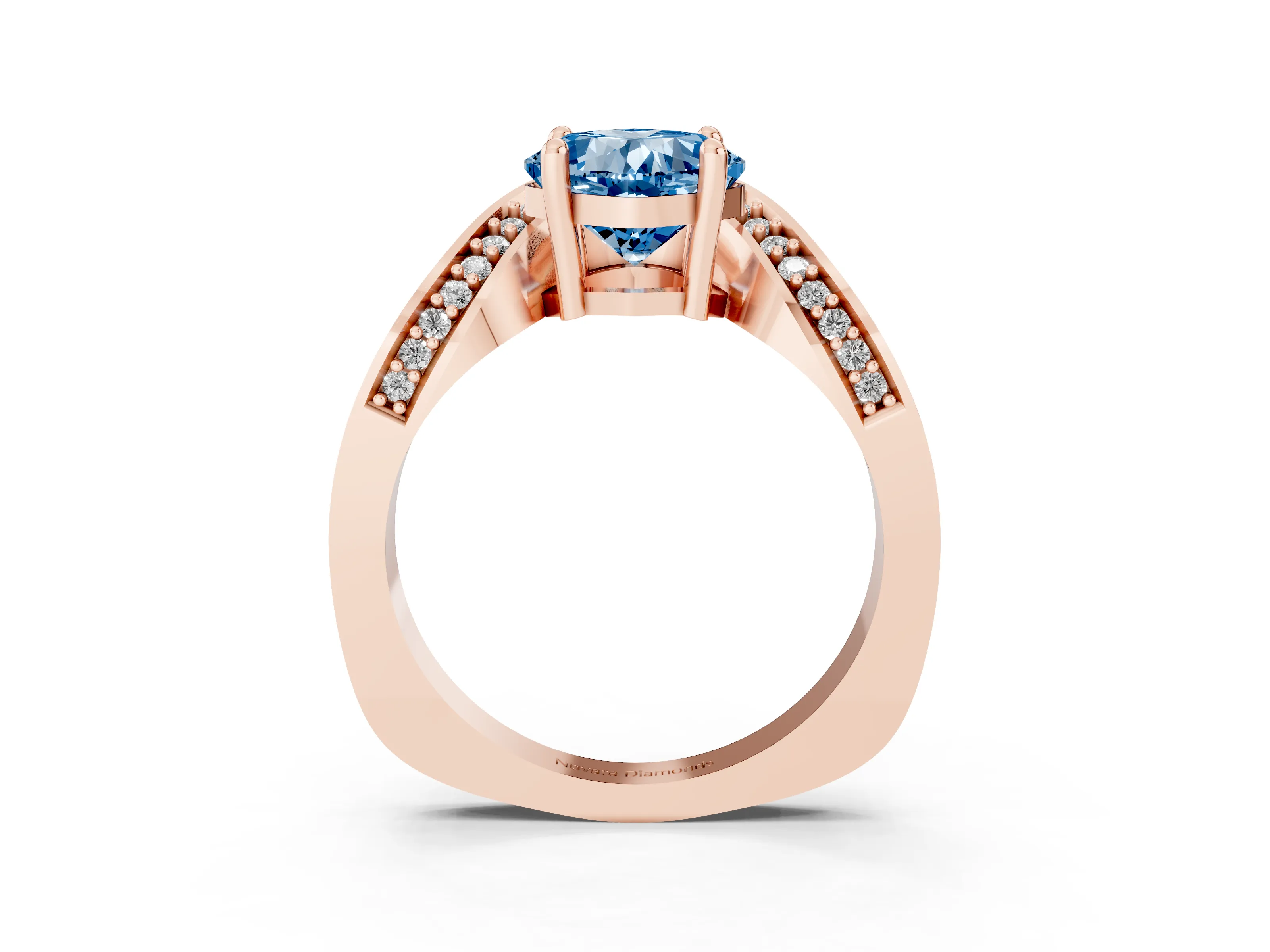 Fancy Blue Cushion Cut Diamond Solitaire Engagement Ring Set in Rose gold with Pavé Shoulders