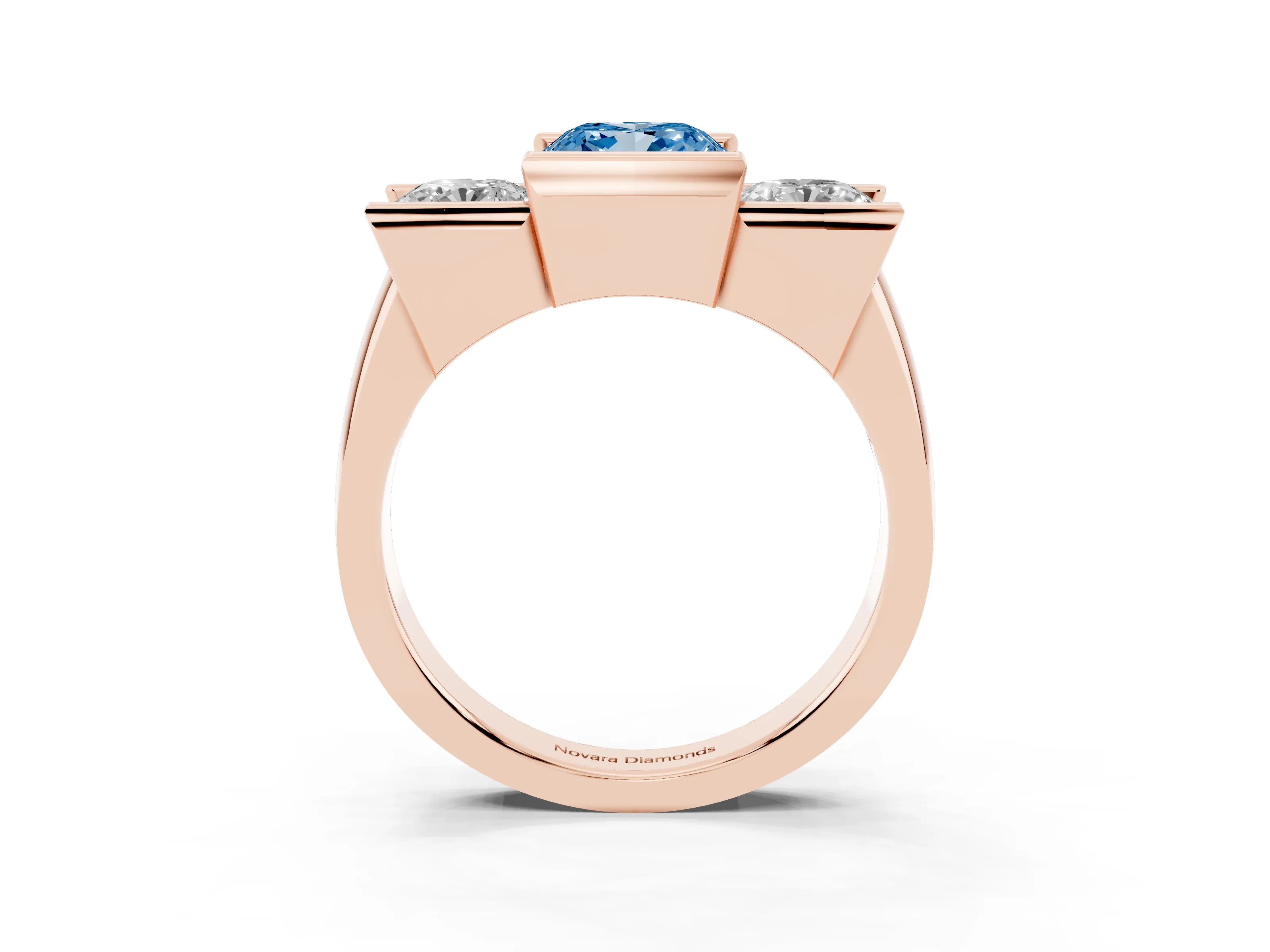 Fancy Blue Cushion Cut Diamond Three-Stone Channel Set Ring Set in Rose gold with Smooth Polished Band