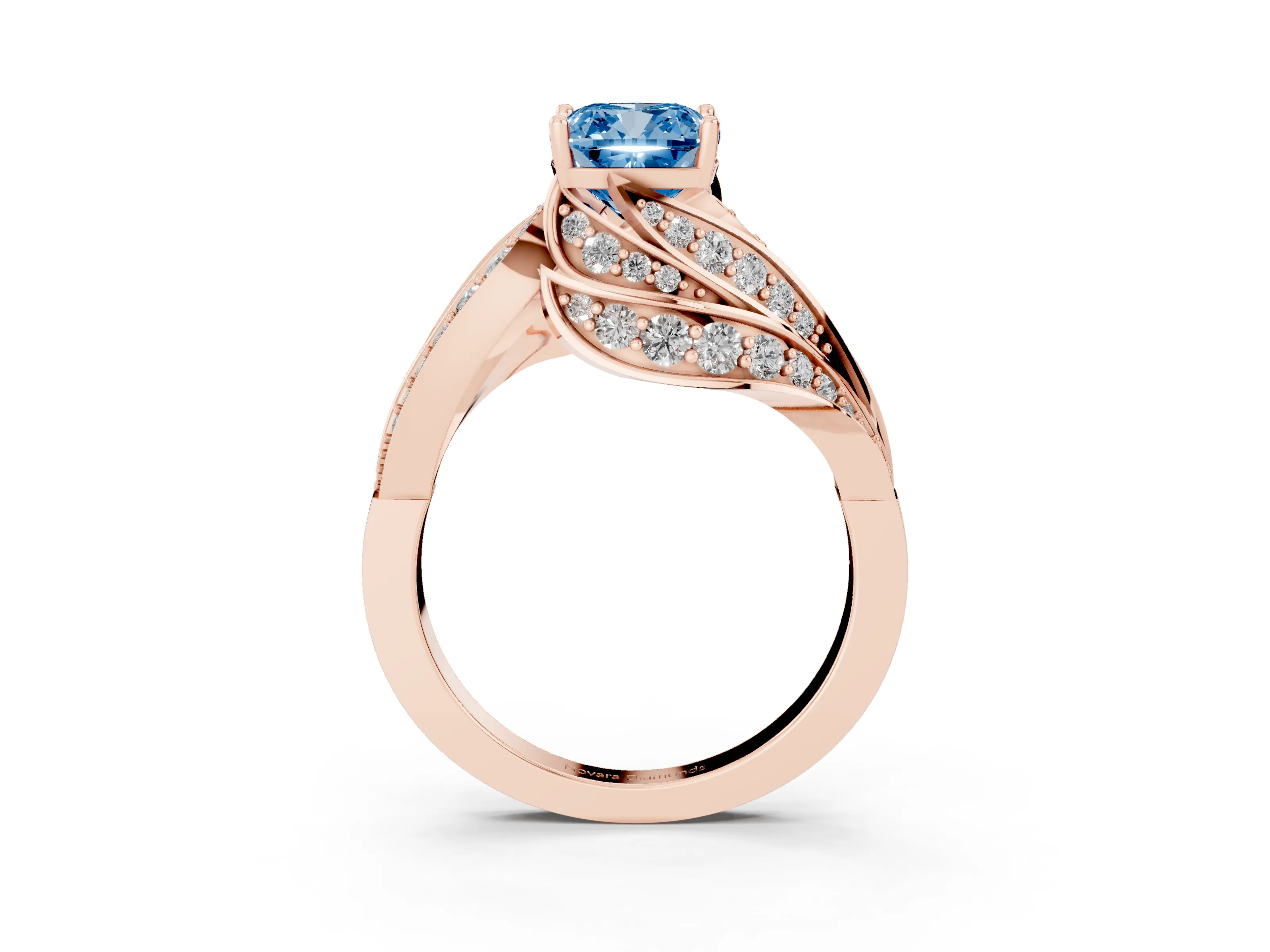 Fancy Blue Cushion Cut Diamond Solitaire Ring Set in Rose gold with Layered Twist Pavé Band