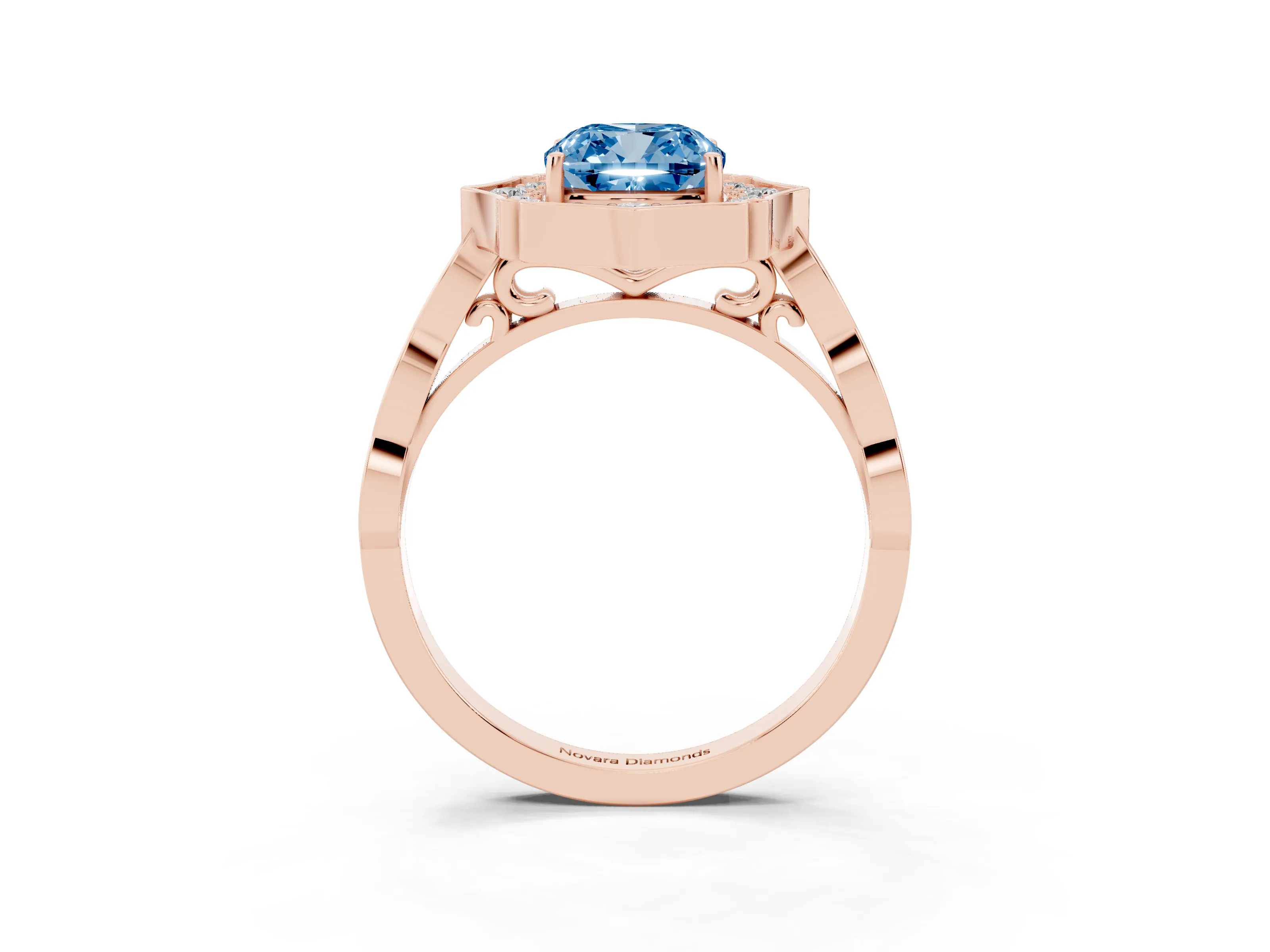 Fancy Blue Cushion Cut Diamond Halo Engagement Ring Set in Rose gold with Milgrain Band and Prong Setting