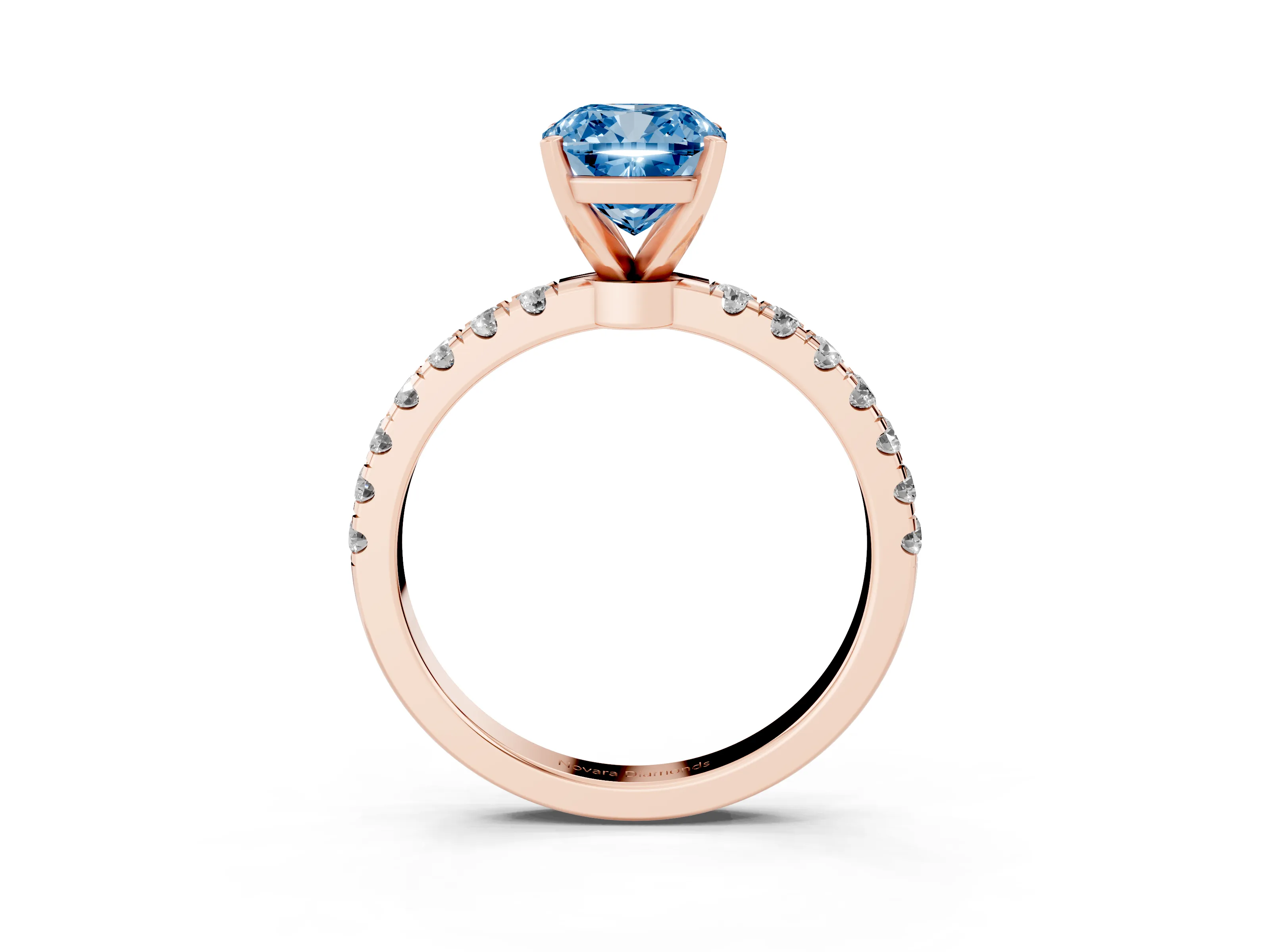 Fancy Blue Cushion Cut Diamond Solitaire Ring Set in Rose gold with Pavé Accents and Prong Setting