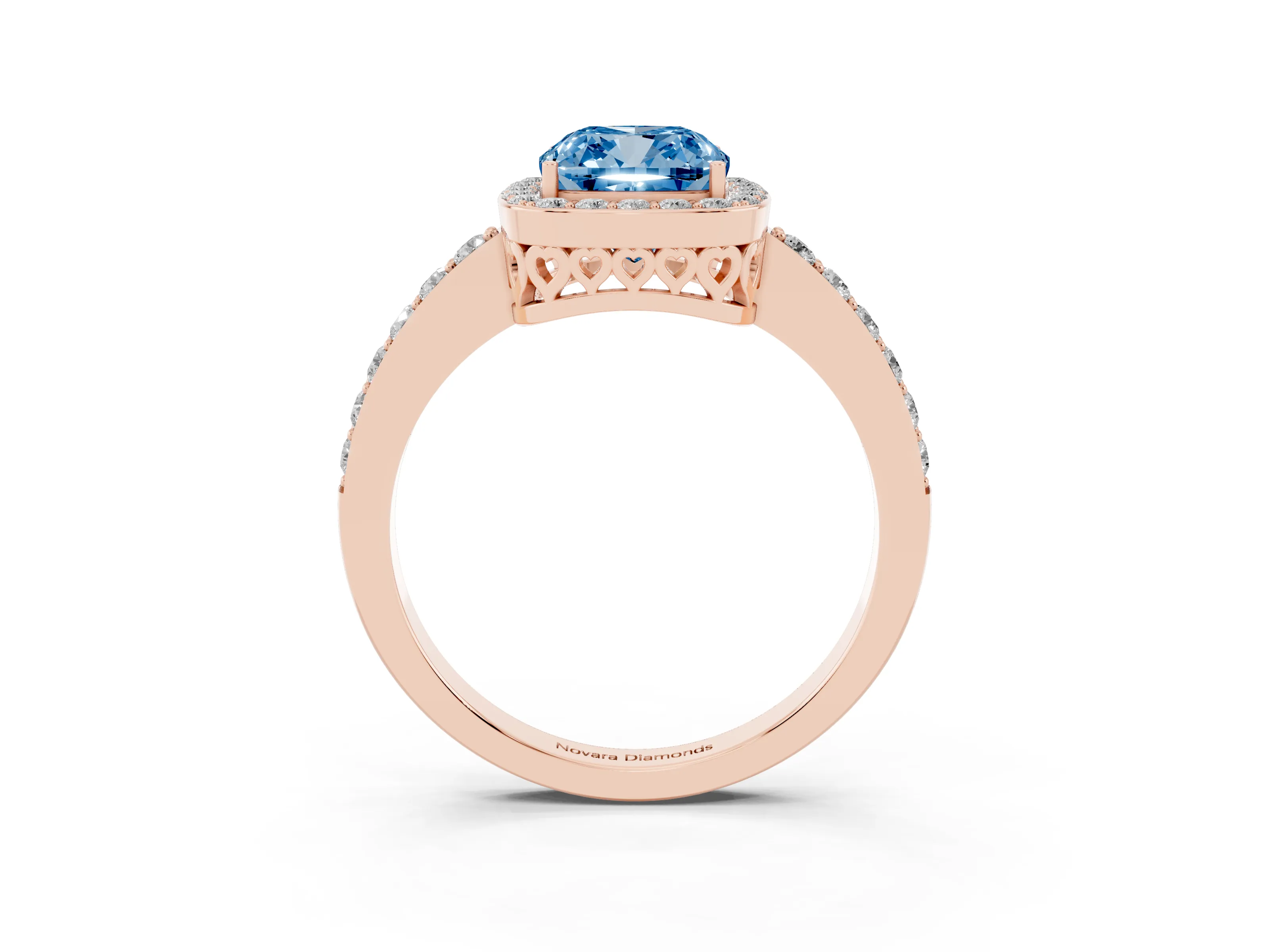 Fancy Blue Cushion Cut Diamond Halo Ring Set in Rose gold with Pavé-Setting Band and Open Prong Center