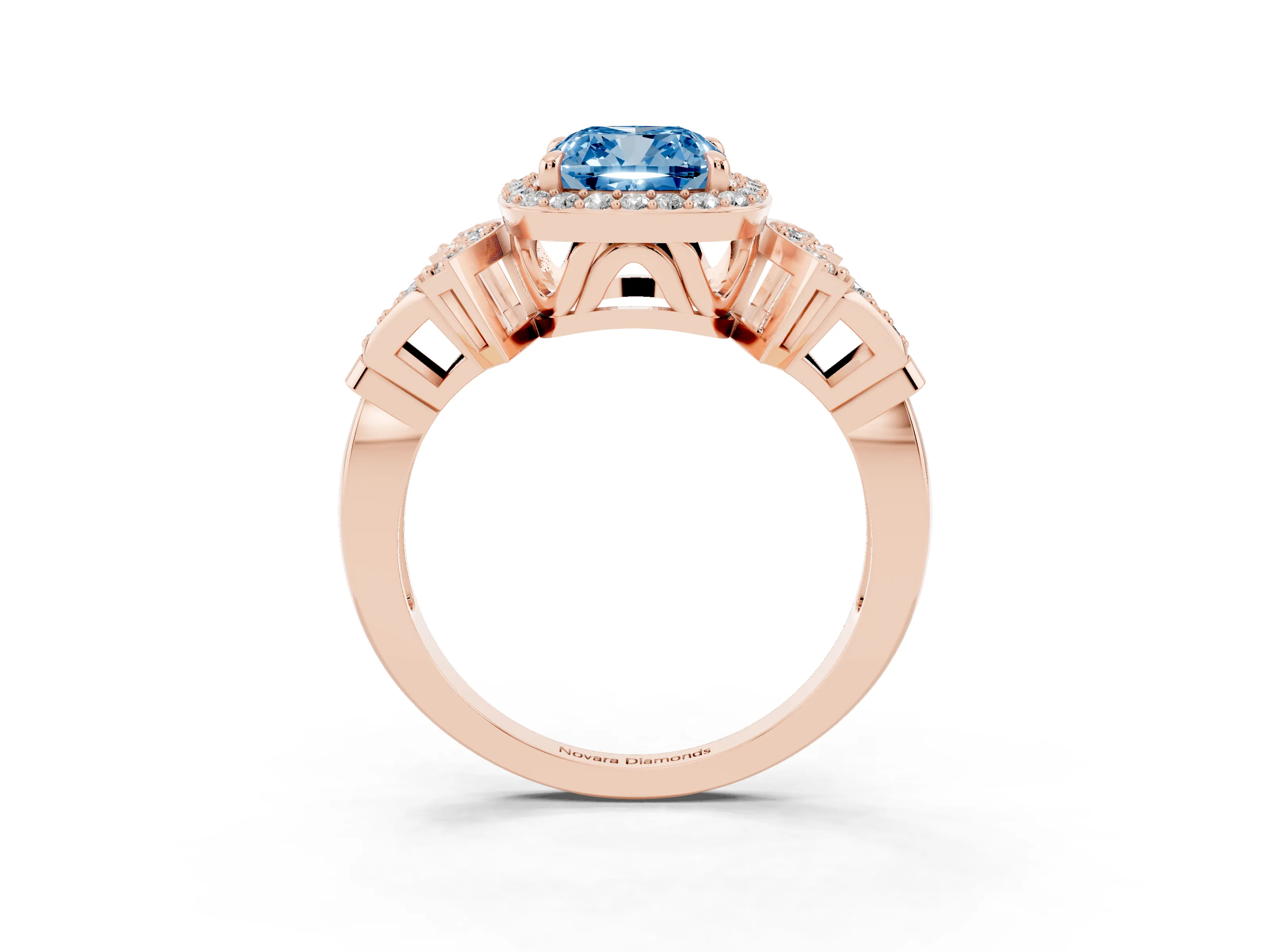 Fancy Blue Cushion Cut Diamond Halo Engagement Ring Set in Rose gold with Accent Stone Split Shank