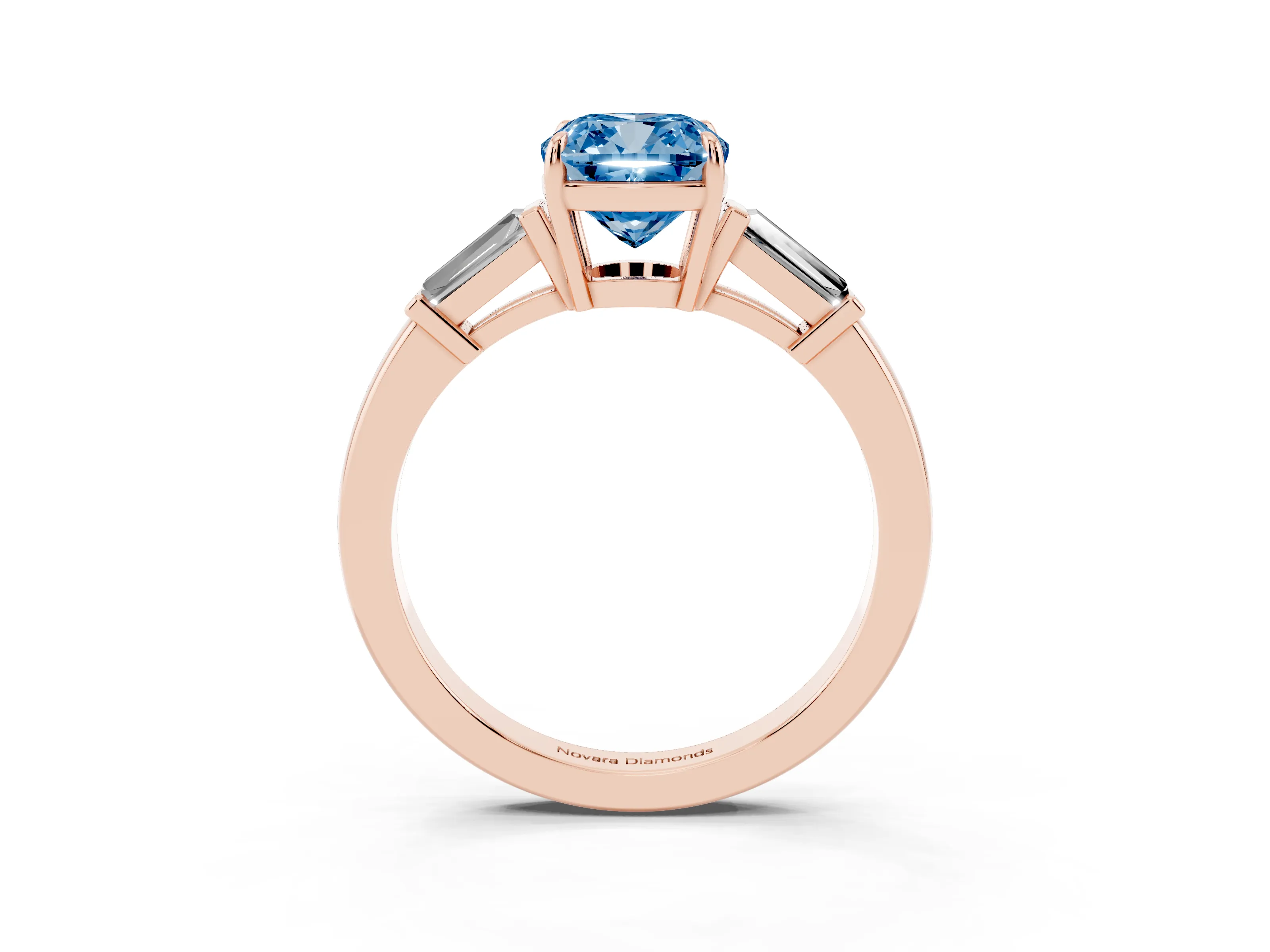 Fancy Blue Cushion Cut Diamond Three-Stone Ring Set in Rose gold with Tapered Baguette Side Stones and Prong Setting