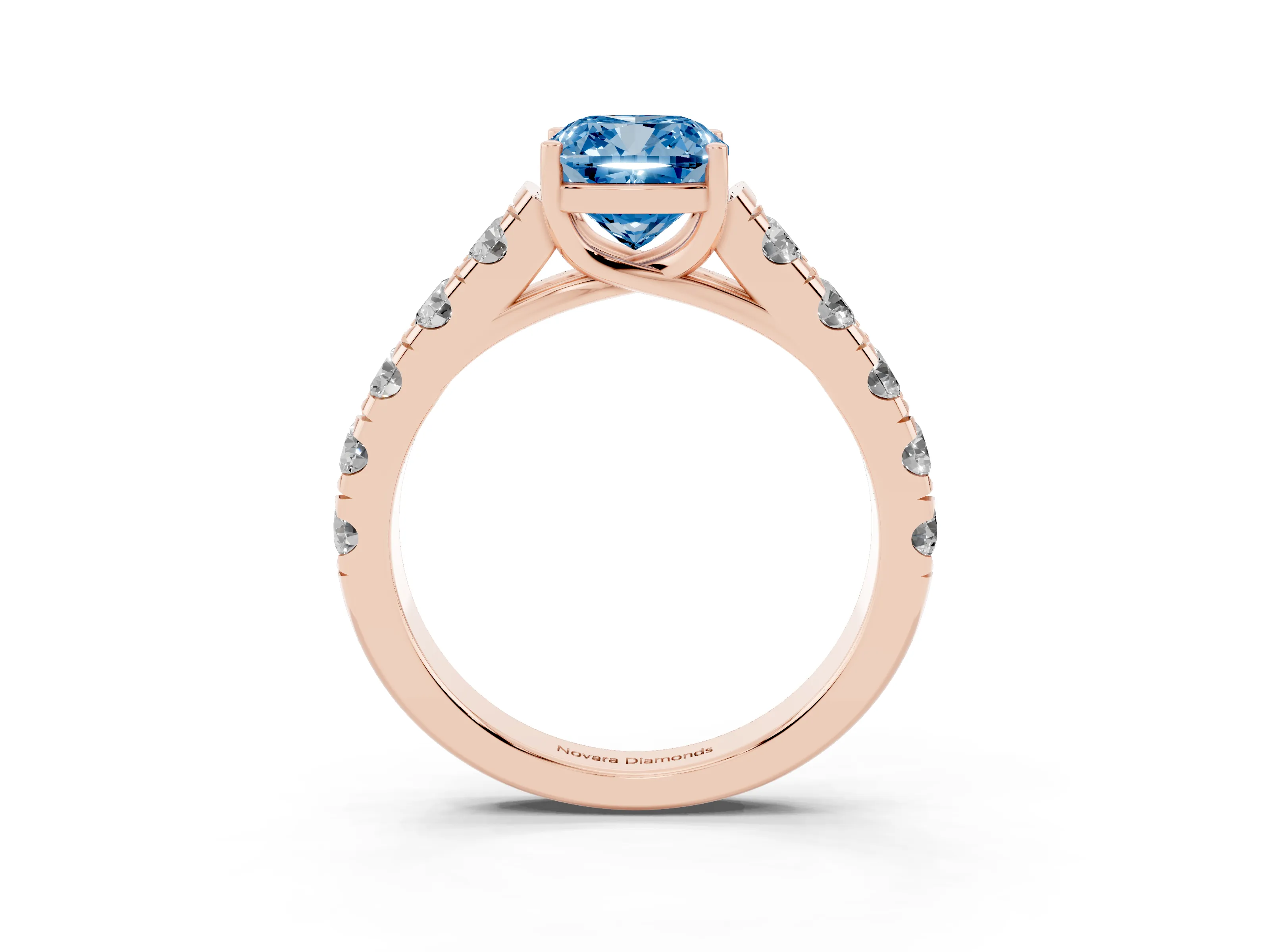 Fancy Blue Cushion Cut Diamond Solitaire Ring Set in Rose gold with Cut-Down Micro Pavé Band and Prong Setting
