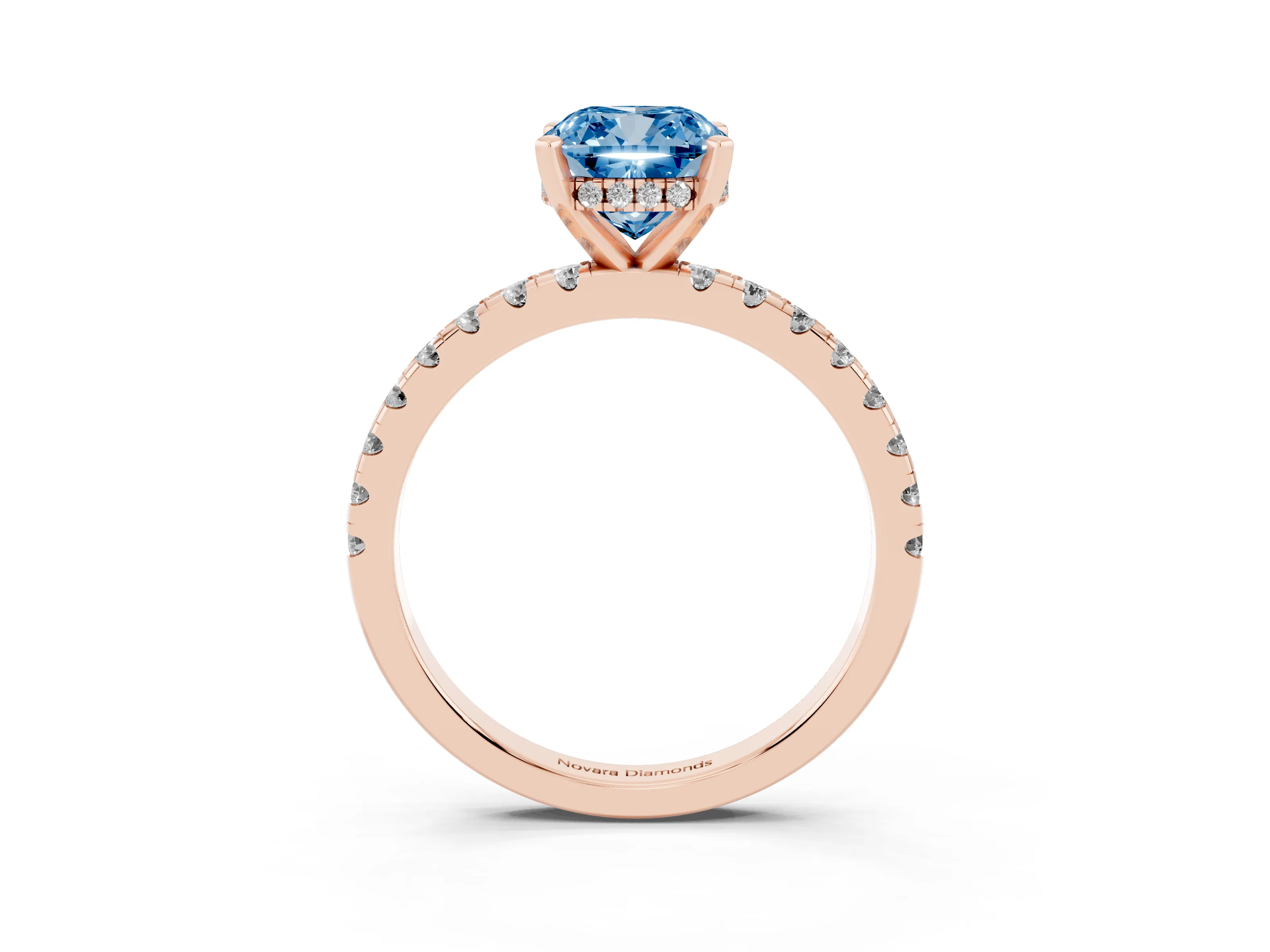 Fancy Blue Cushion Cut Diamond Pavé Solitaire Ring Set in Rose gold with Round Band Accents and Prong Setting