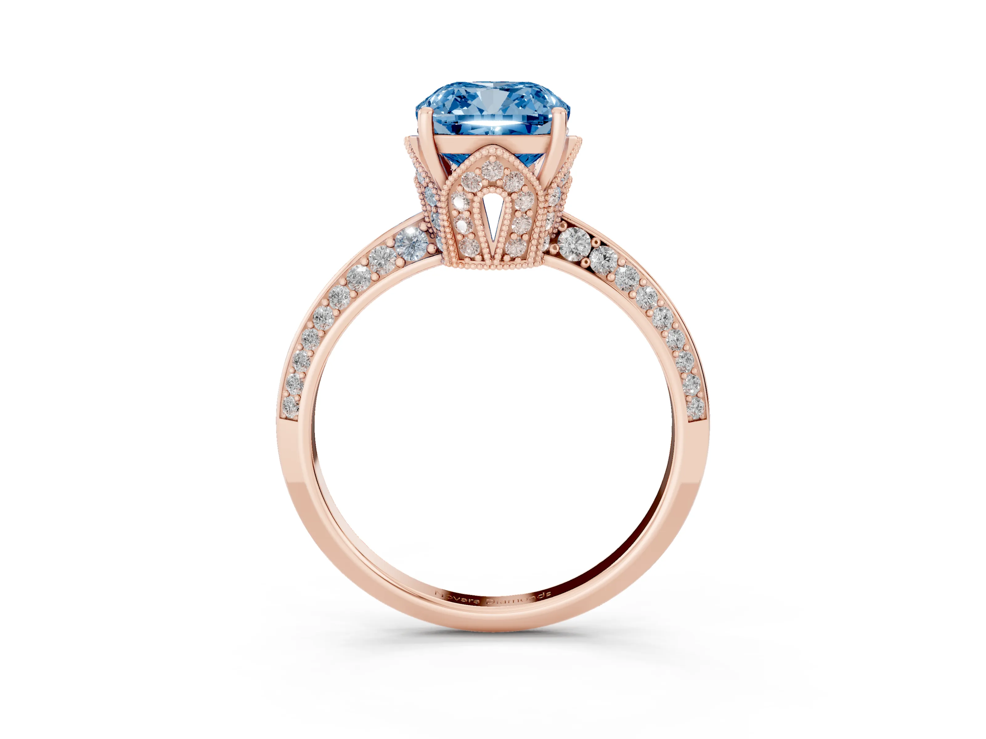 Fancy Blue Cushion Cut Diamond Solitaire Engagement Ring Set in Rose gold with Pavé Split Shank and Prong Setting