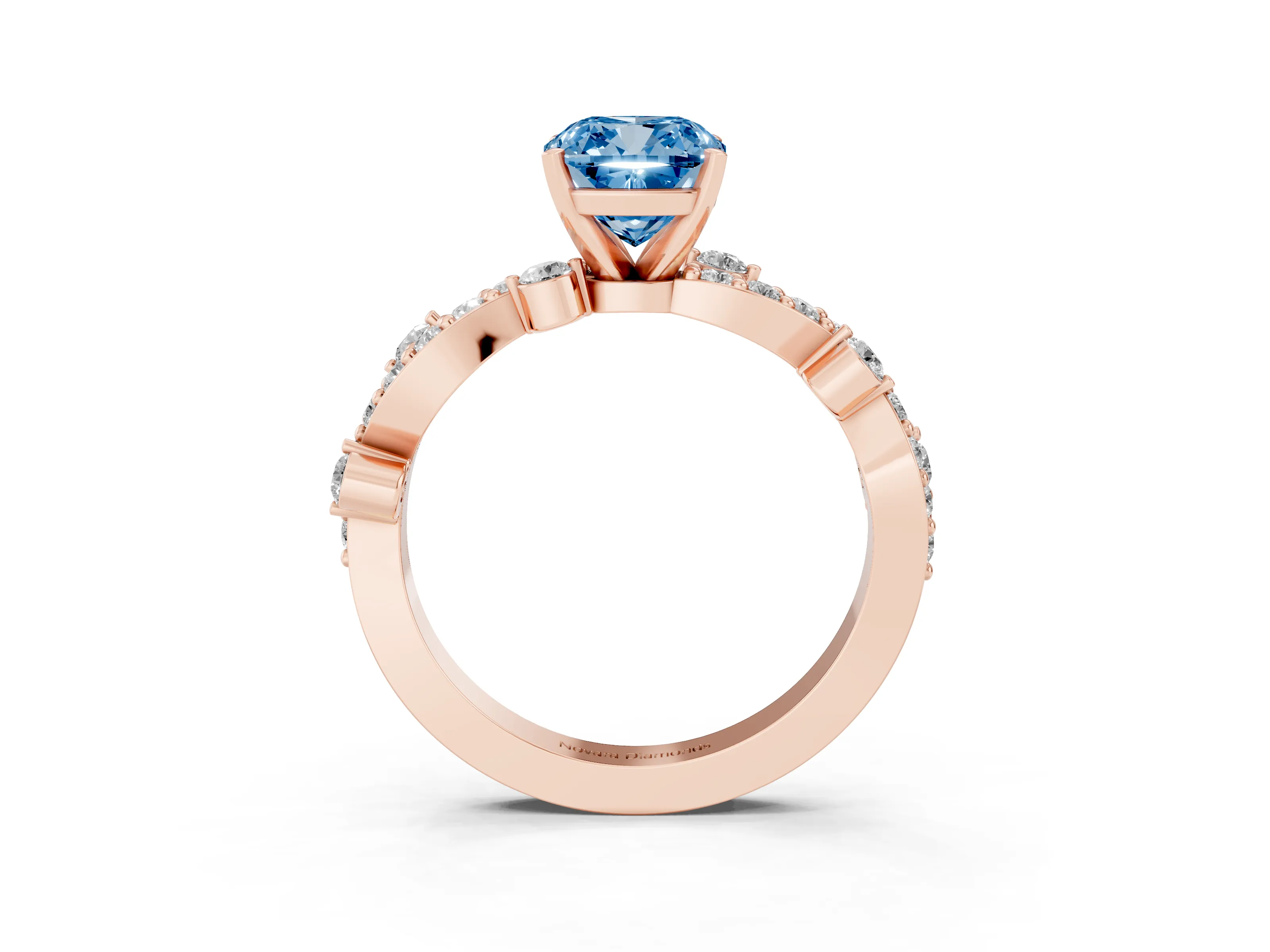 Fancy Blue Cushion Cut Diamond Solitaire Twisted Band Set in Rose gold with Pavé Setting