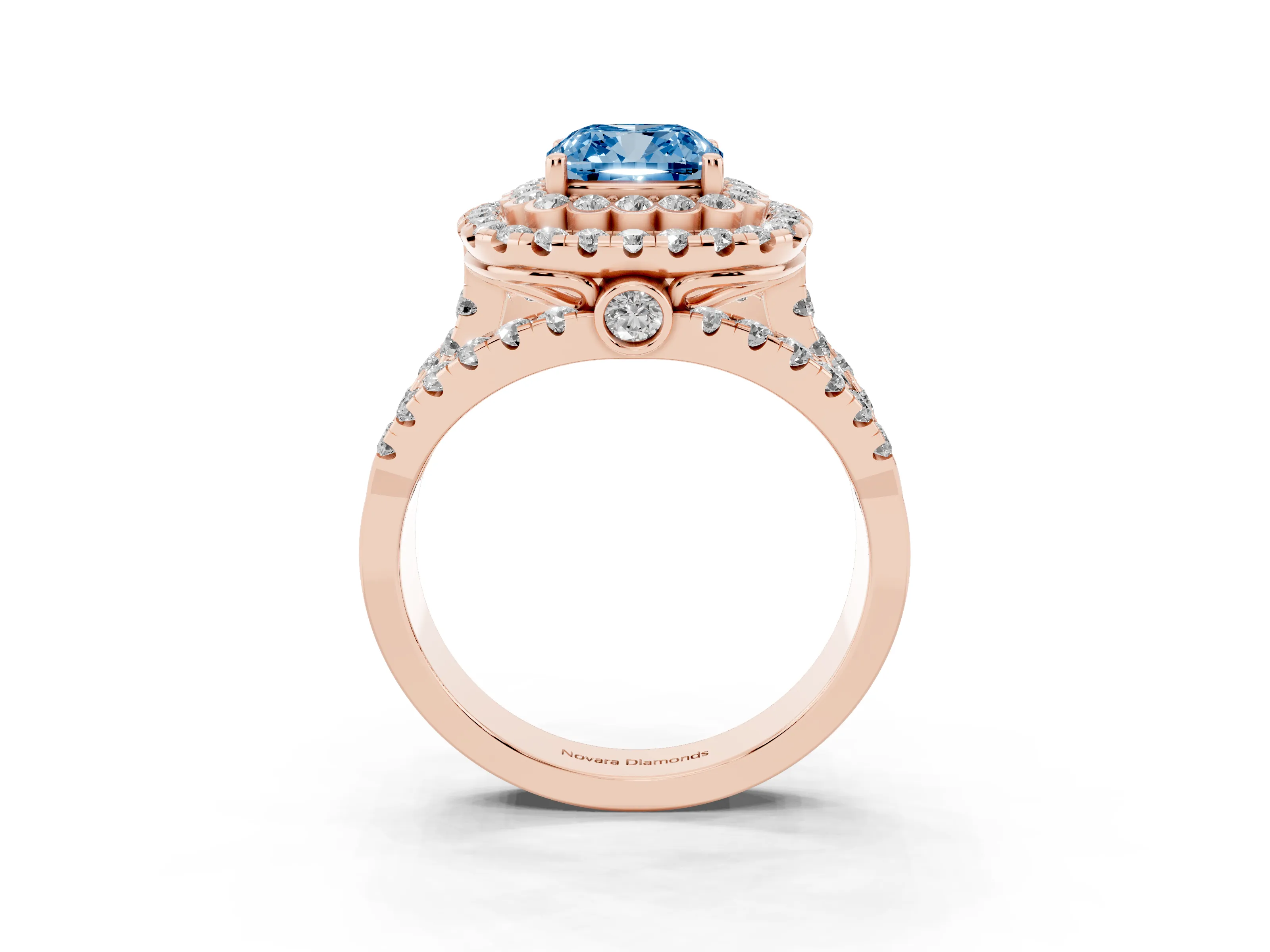 Fancy Blue Cushion Cut Diamond Double Halo Ring Set in Rose gold with Round Pavé Split Shank