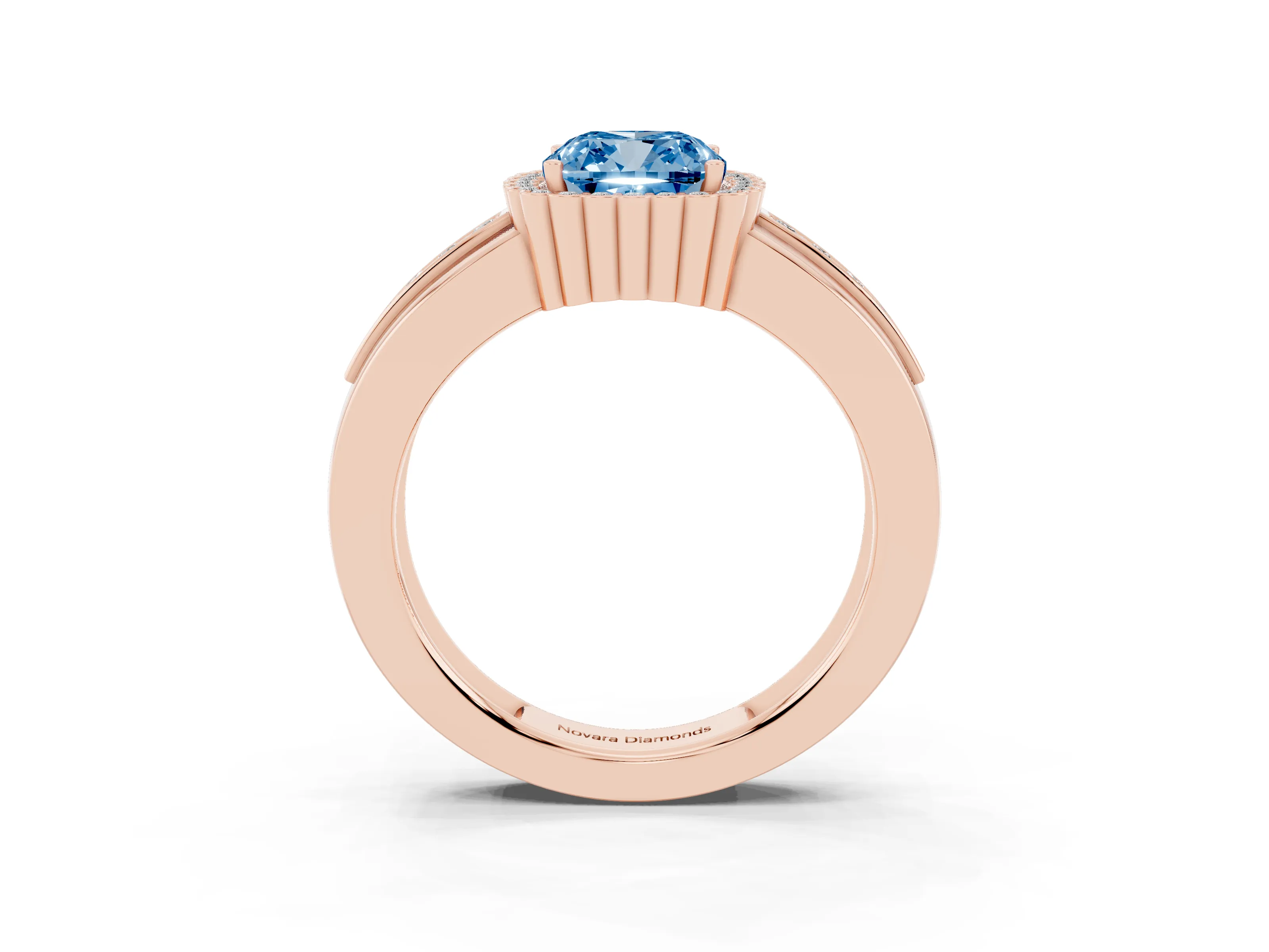 Fancy Blue Cushion Cut Diamond Halo Prong Ring Set in Rose gold with Pavé Band