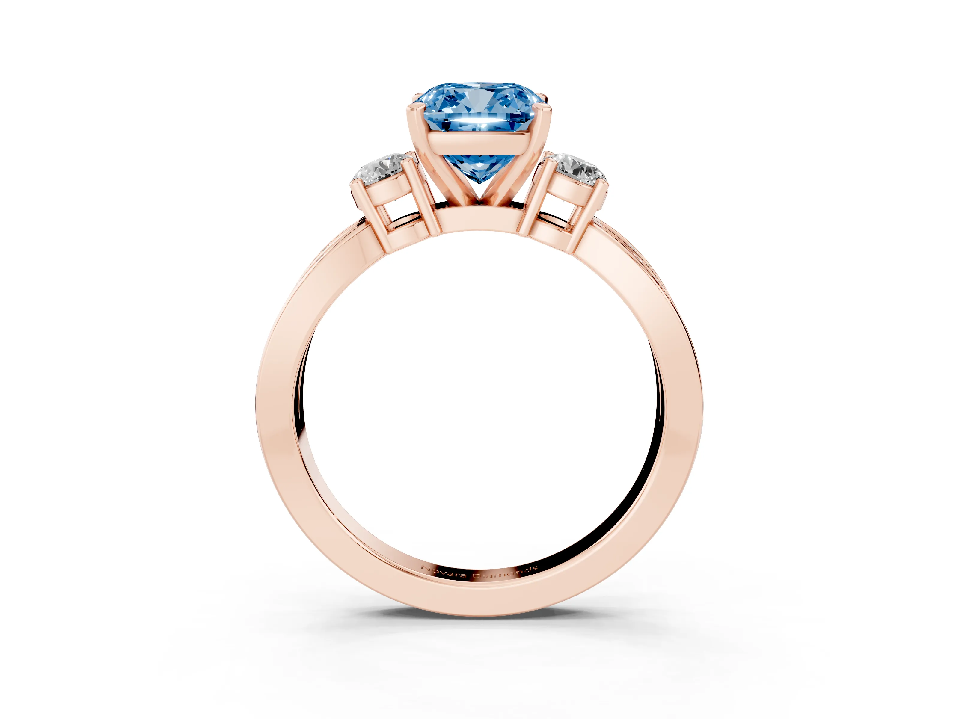 Fancy Blue Three-Stone Cushion Cut Diamond Twist Band Ring Set in Rose gold with Pavé Accents and Prong Setting