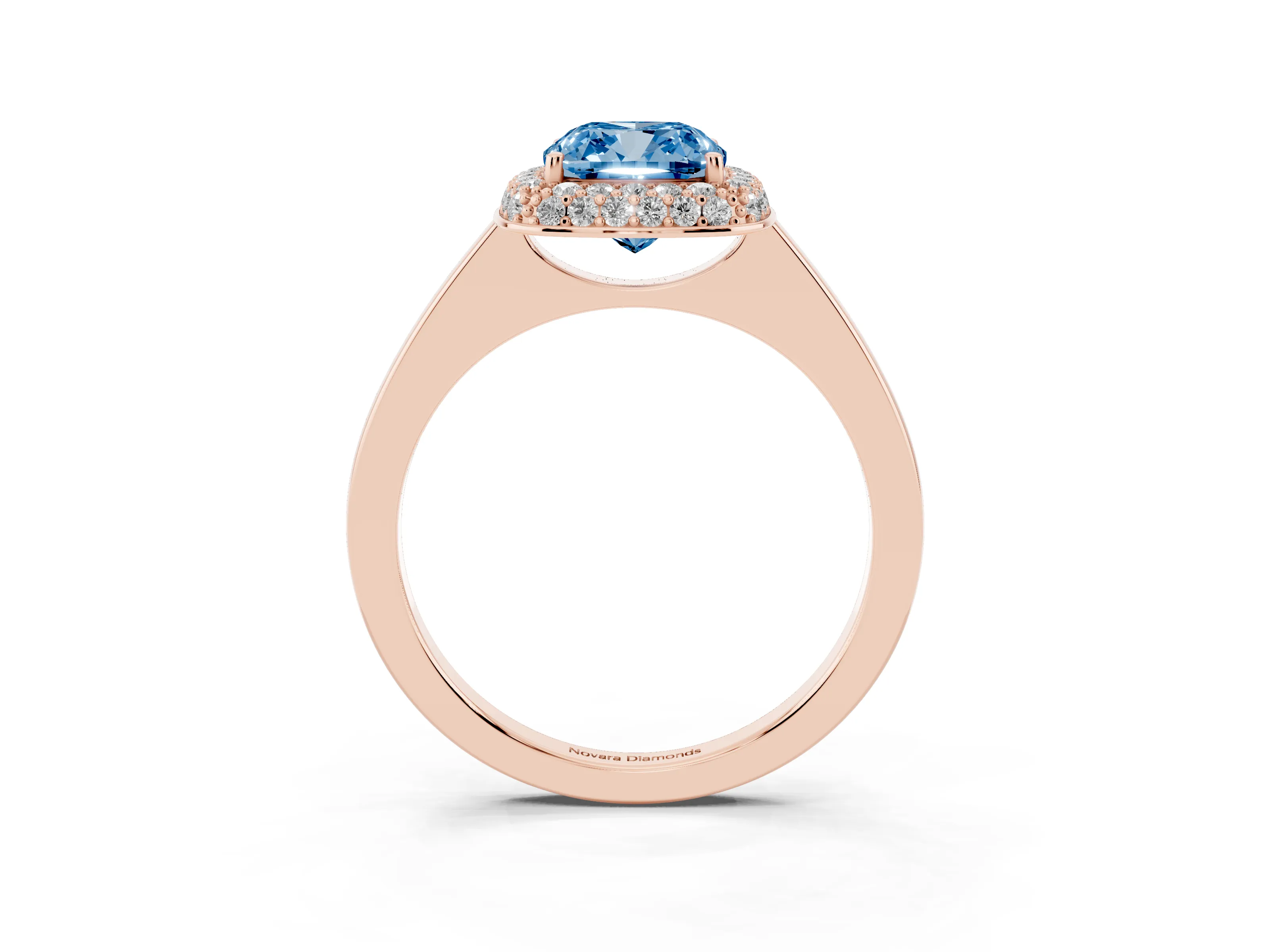 Fancy Blue Cushion Cut Diamond Halo Engagement Ring Set in Rose gold with Solitaire Band and Prong Setting