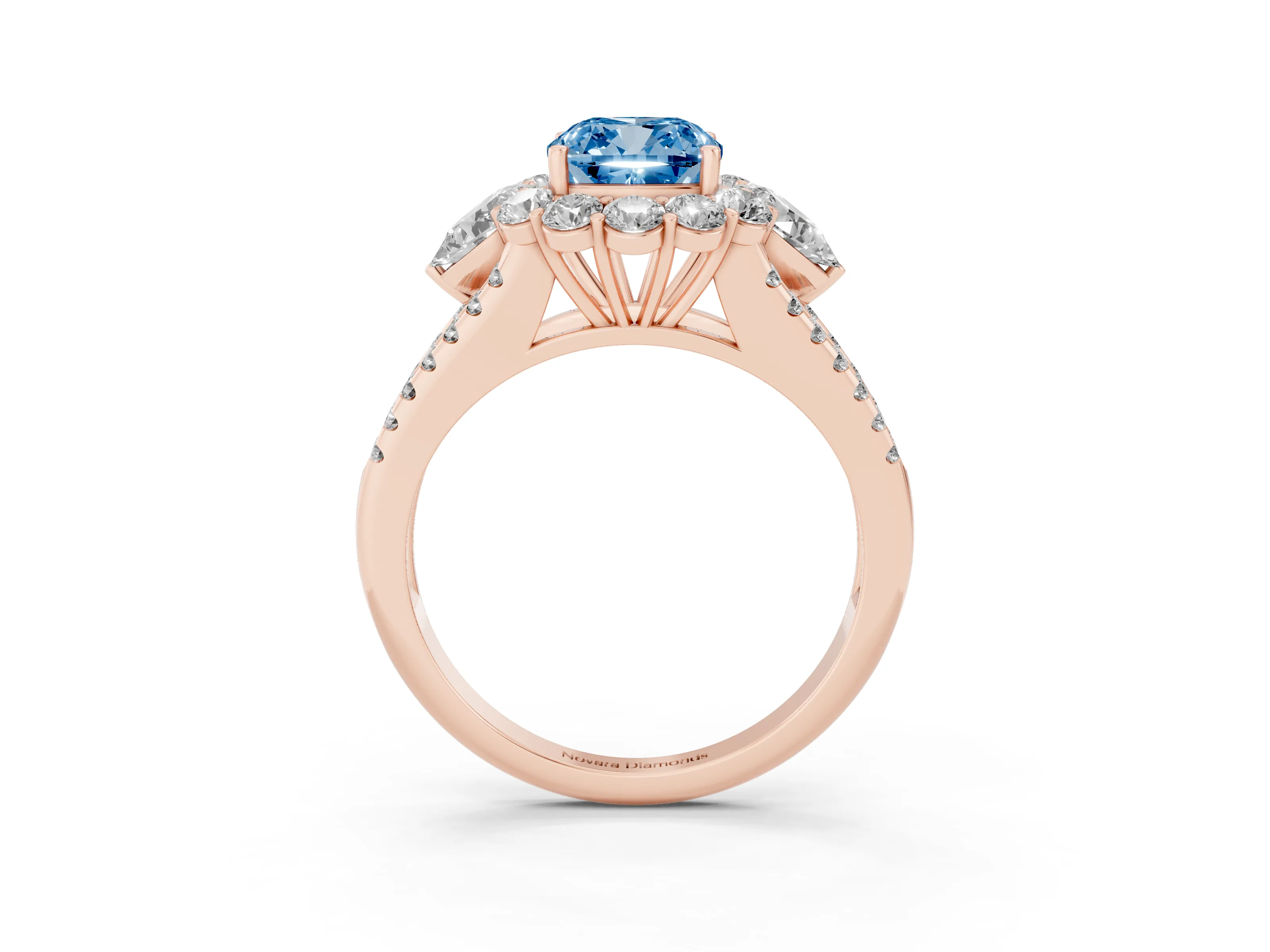 Fancy Blue Cushion Cut Diamond Halo Split Shank Engagement Ring Set in Rose gold with Prong-Held Center Stone